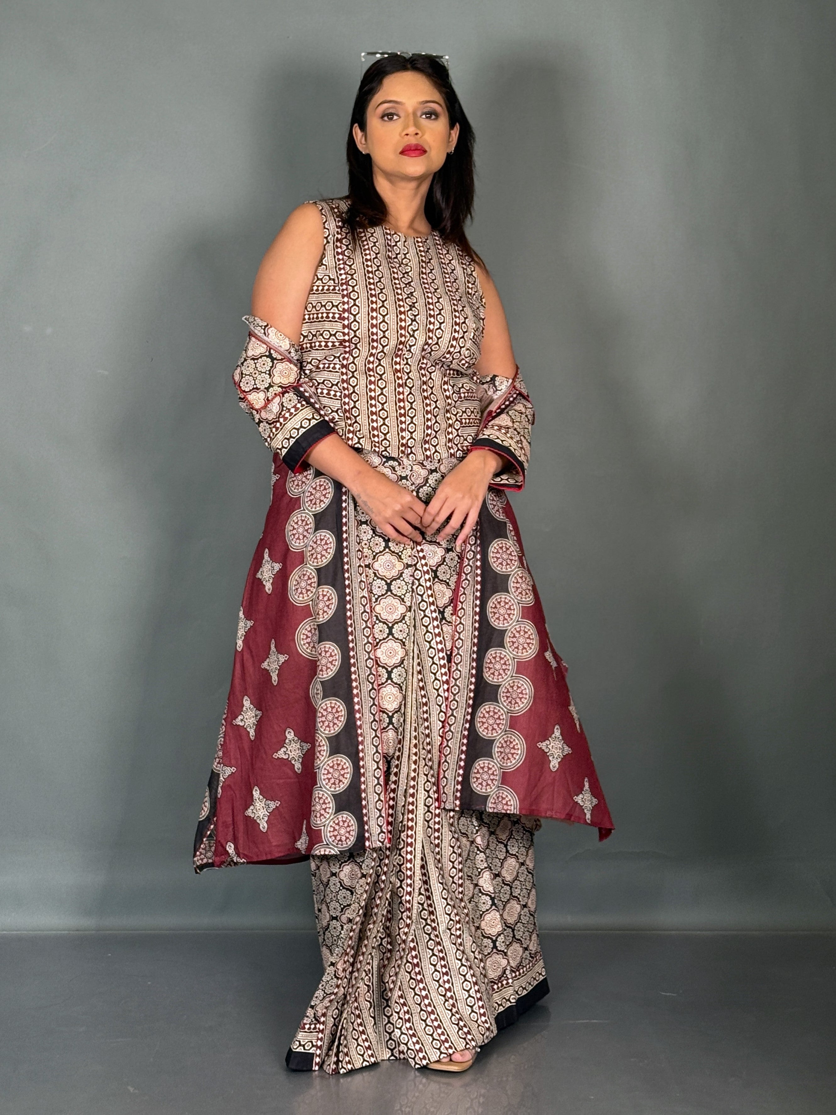 Royal Maroon Beige Cotton Saree Skirt Fusion Set
