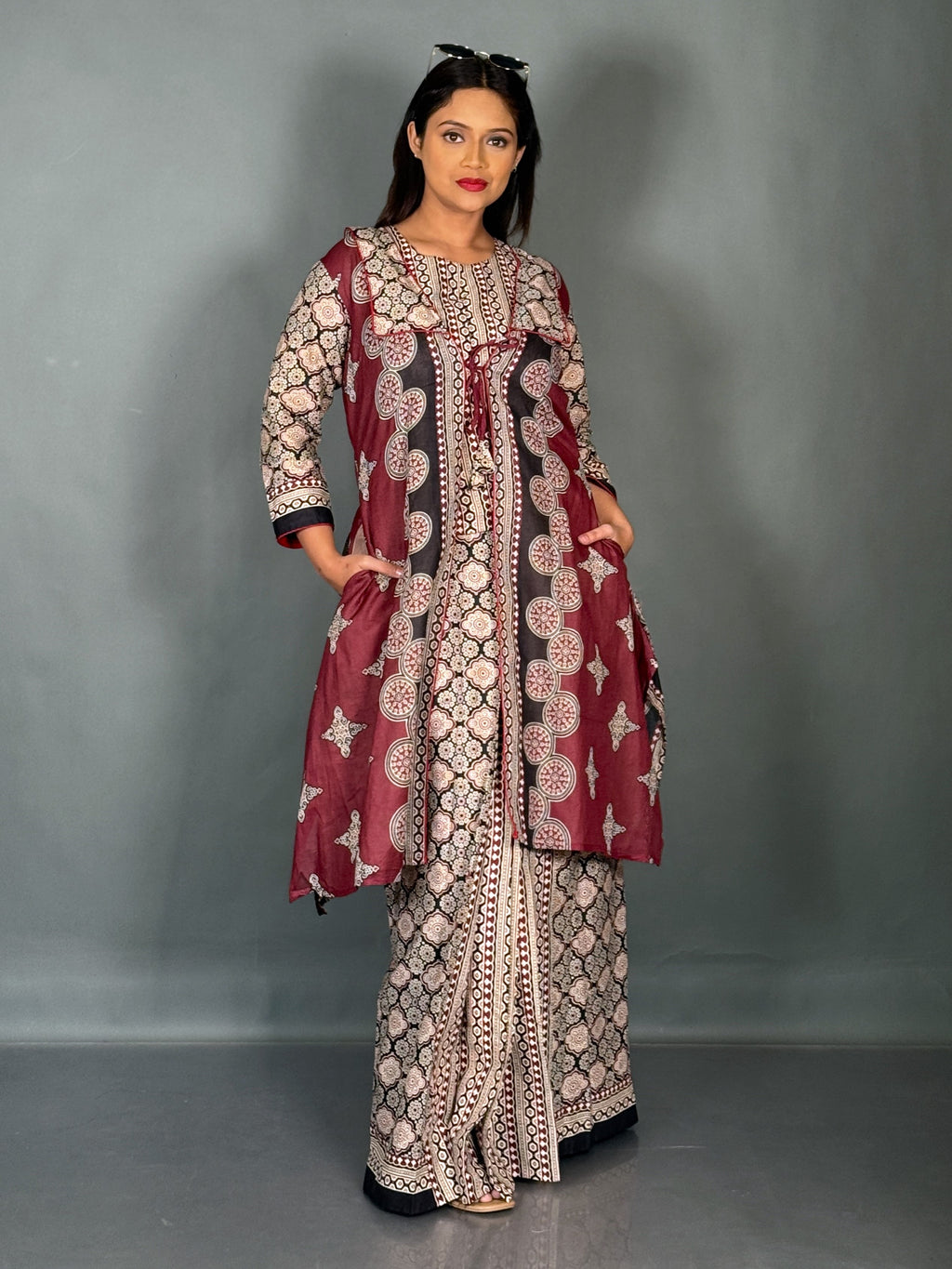 Royal Maroon Beige Cotton Saree Skirt Fusion Set