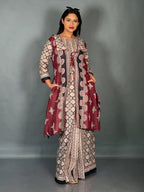 Royal Maroon Beige Cotton Saree Skirt Fusion Set