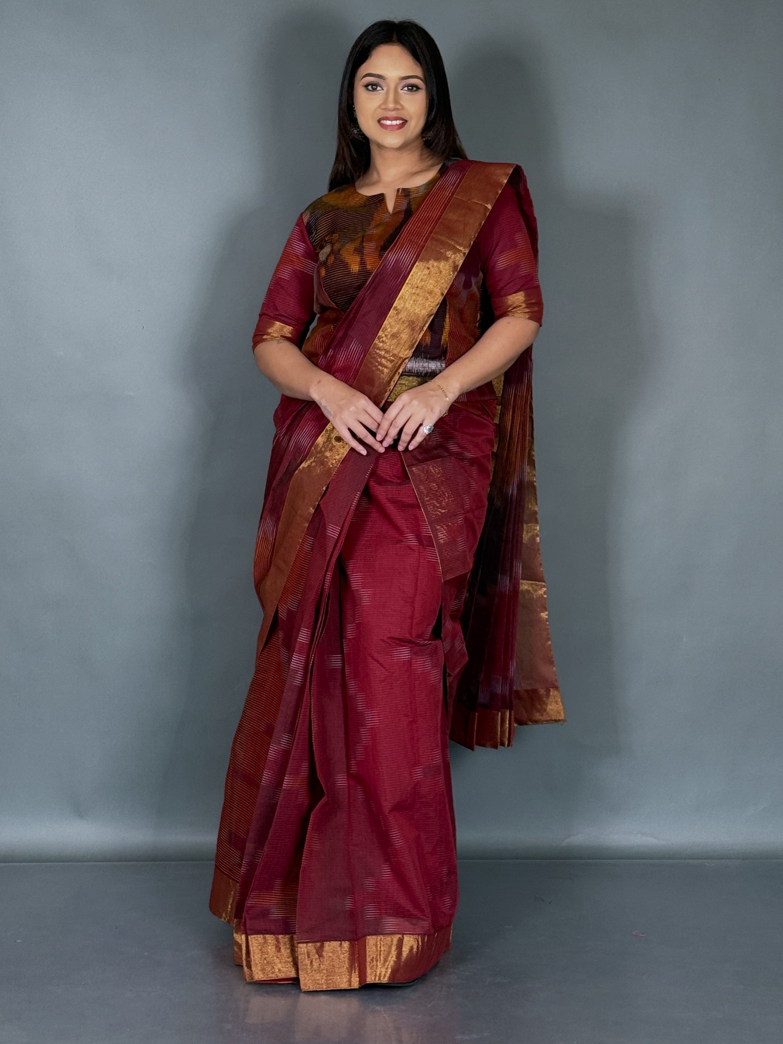 Maroon Handloom Cotton Plus Size Ready Saree Set
