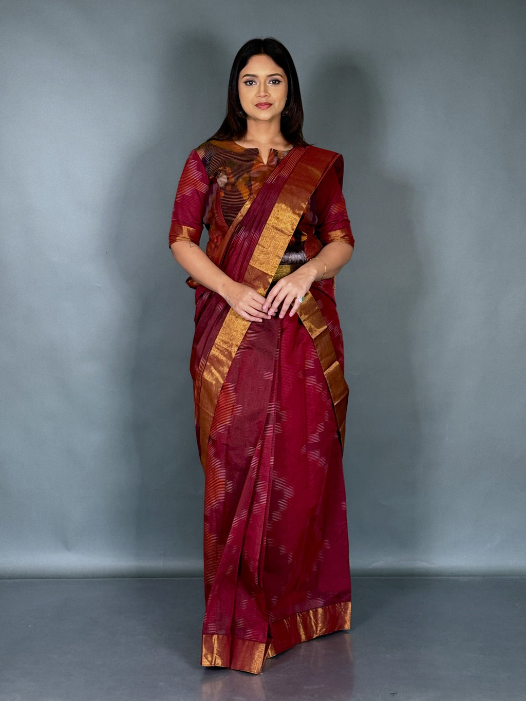 Elegant Maroon Handloom Cotton Ready Saree Set