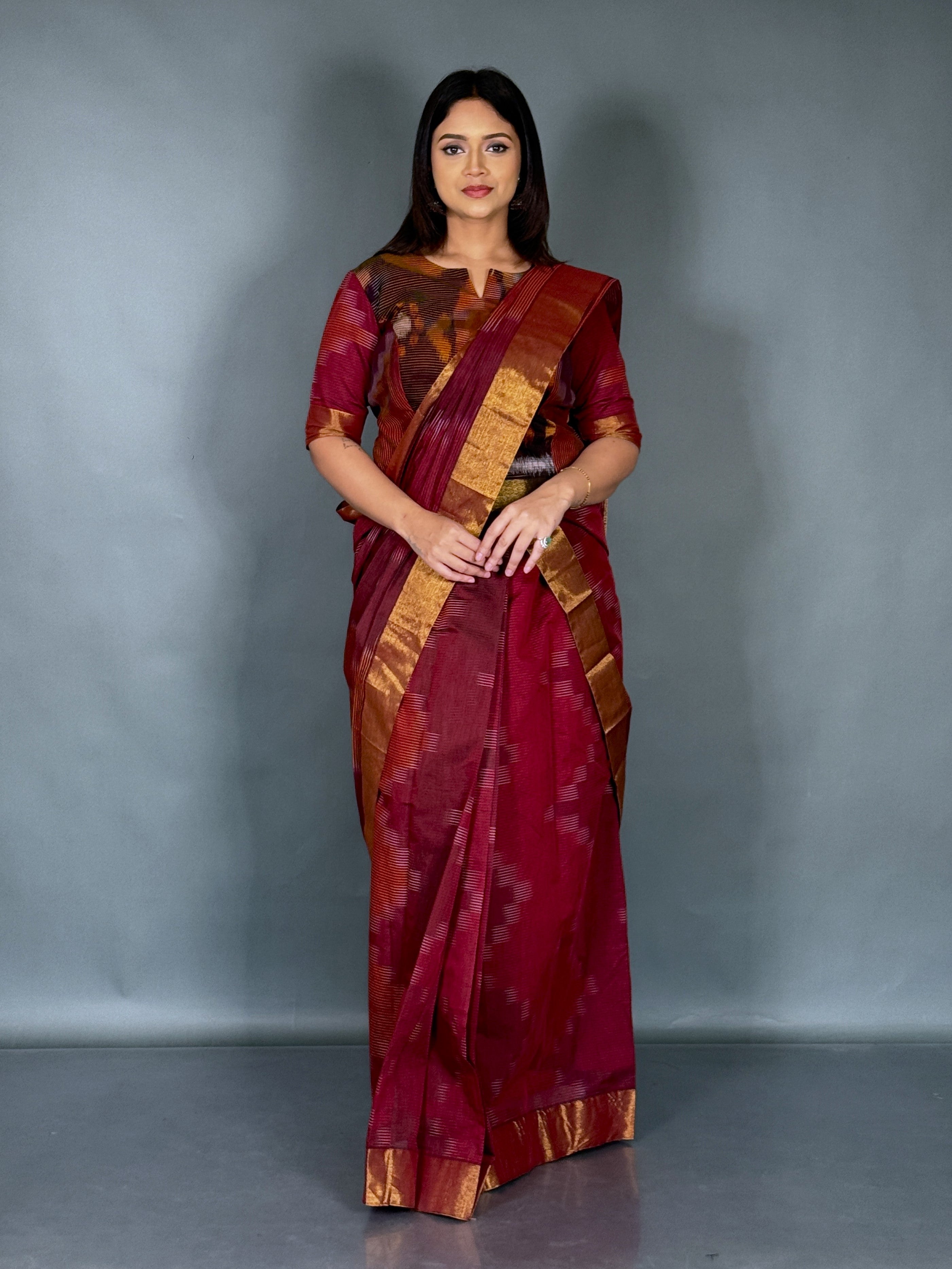 Maroon Handloom Cotton Plus Size Ready Saree Set