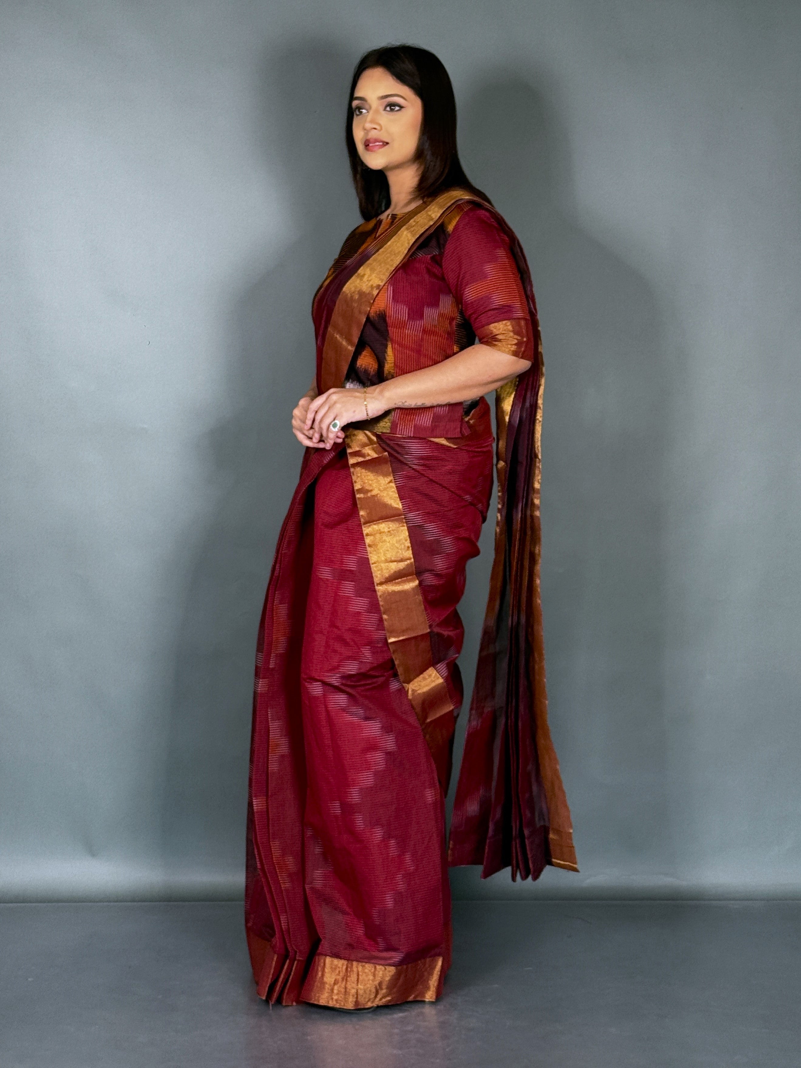 Maroon Handloom Cotton Plus Size Ready Saree Set