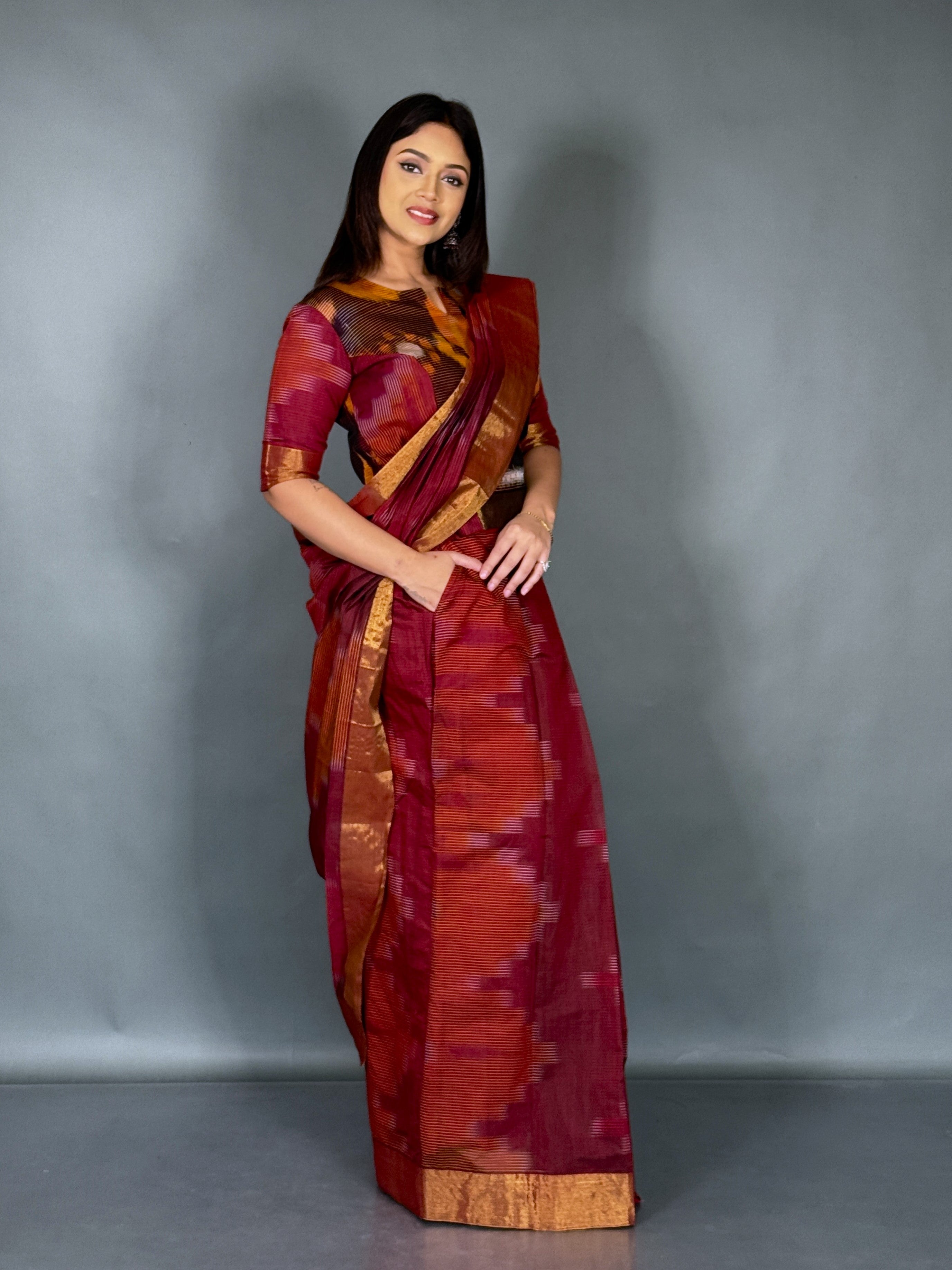 Maroon Handloom Cotton Plus Size Ready Saree Set