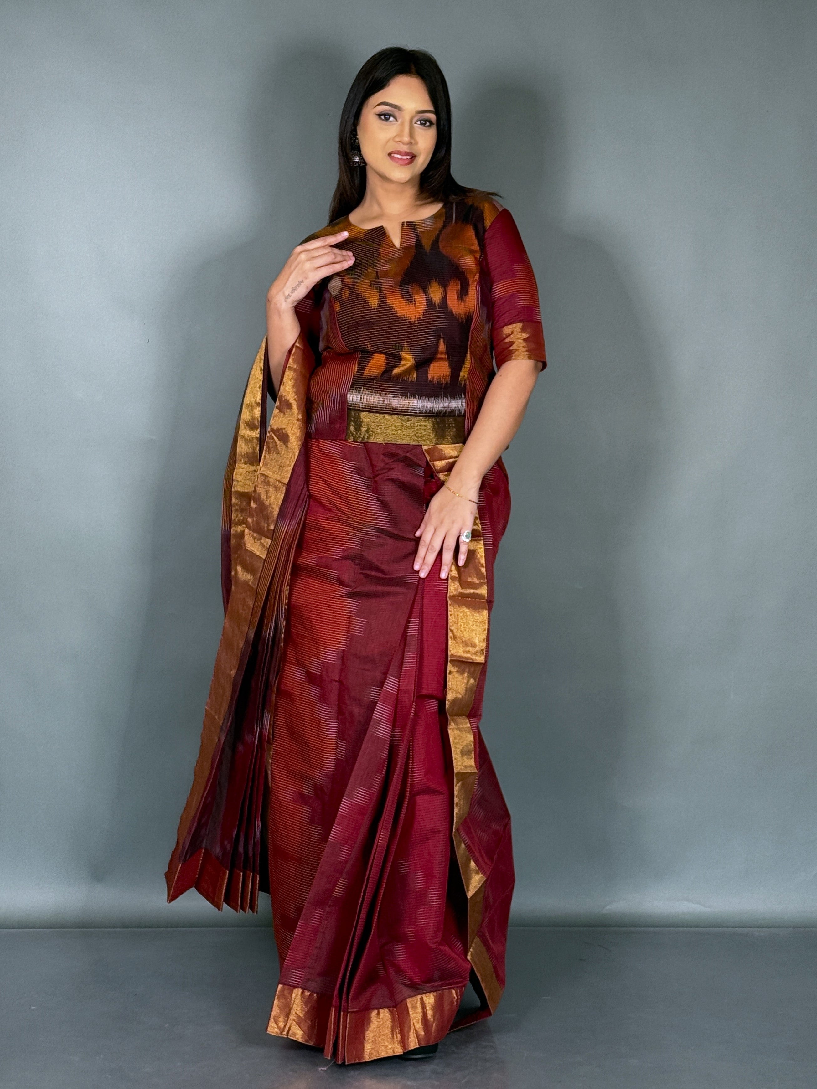 Maroon Handloom Cotton Plus Size Ready Saree Set