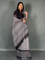 Ivory Noir Linen Insta Saree Set with Pocket