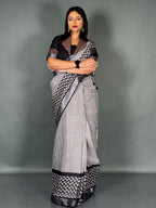 Ivory Noir Linen Insta Saree Set with Pocket