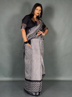 Ivory Noir Linen Insta Saree Set with Pocket