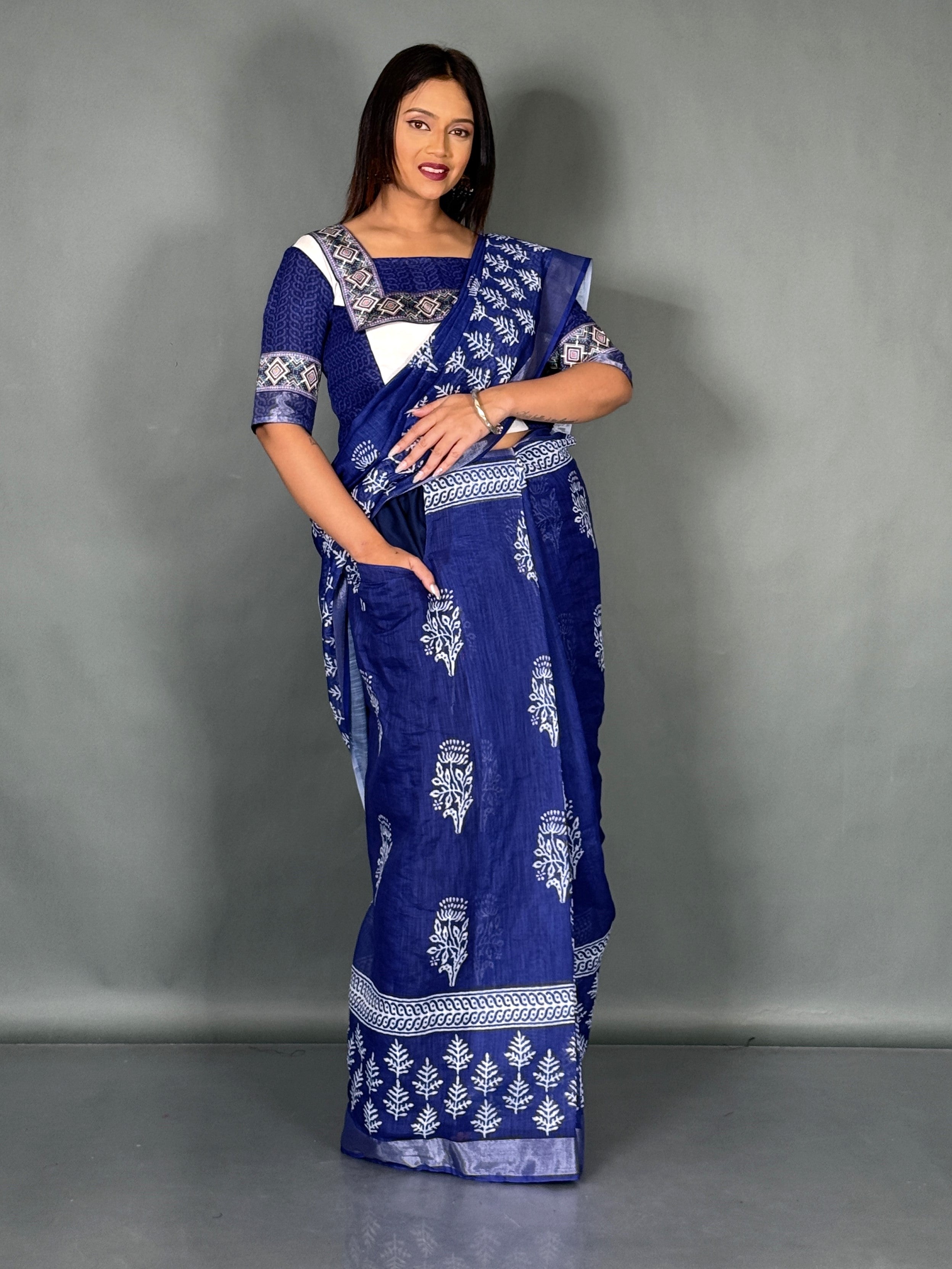 Skyline Blue Printed Insta Saree Set