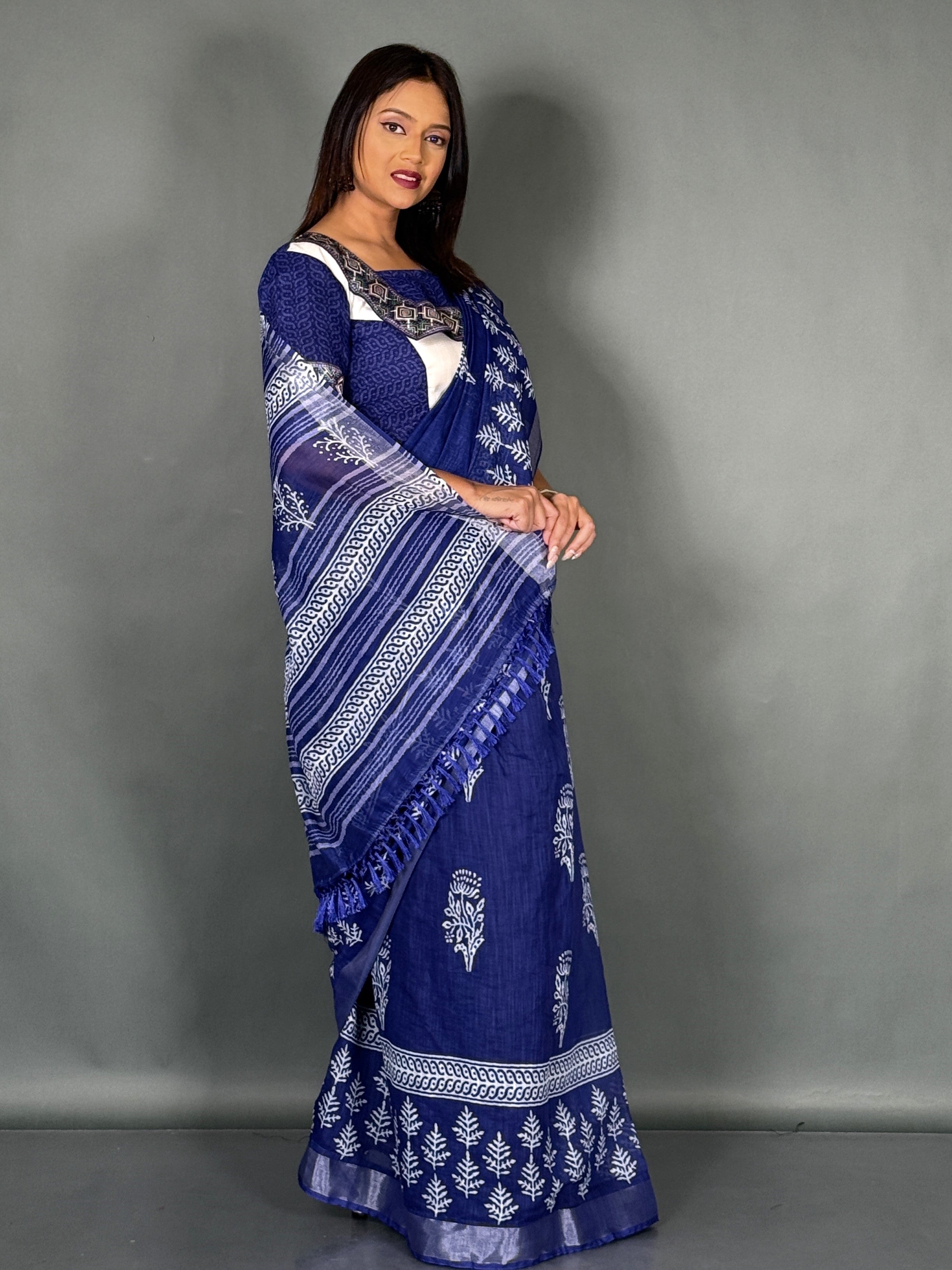 Skyline Blue Printed Insta Saree Set