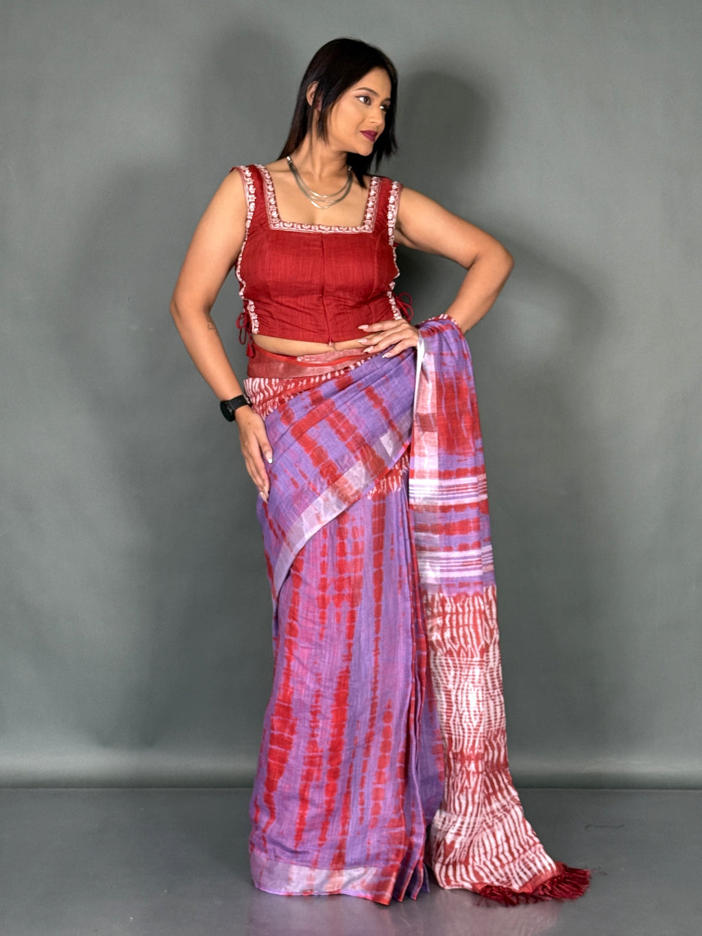 Lavender Rouge Linen Insta Saree Set