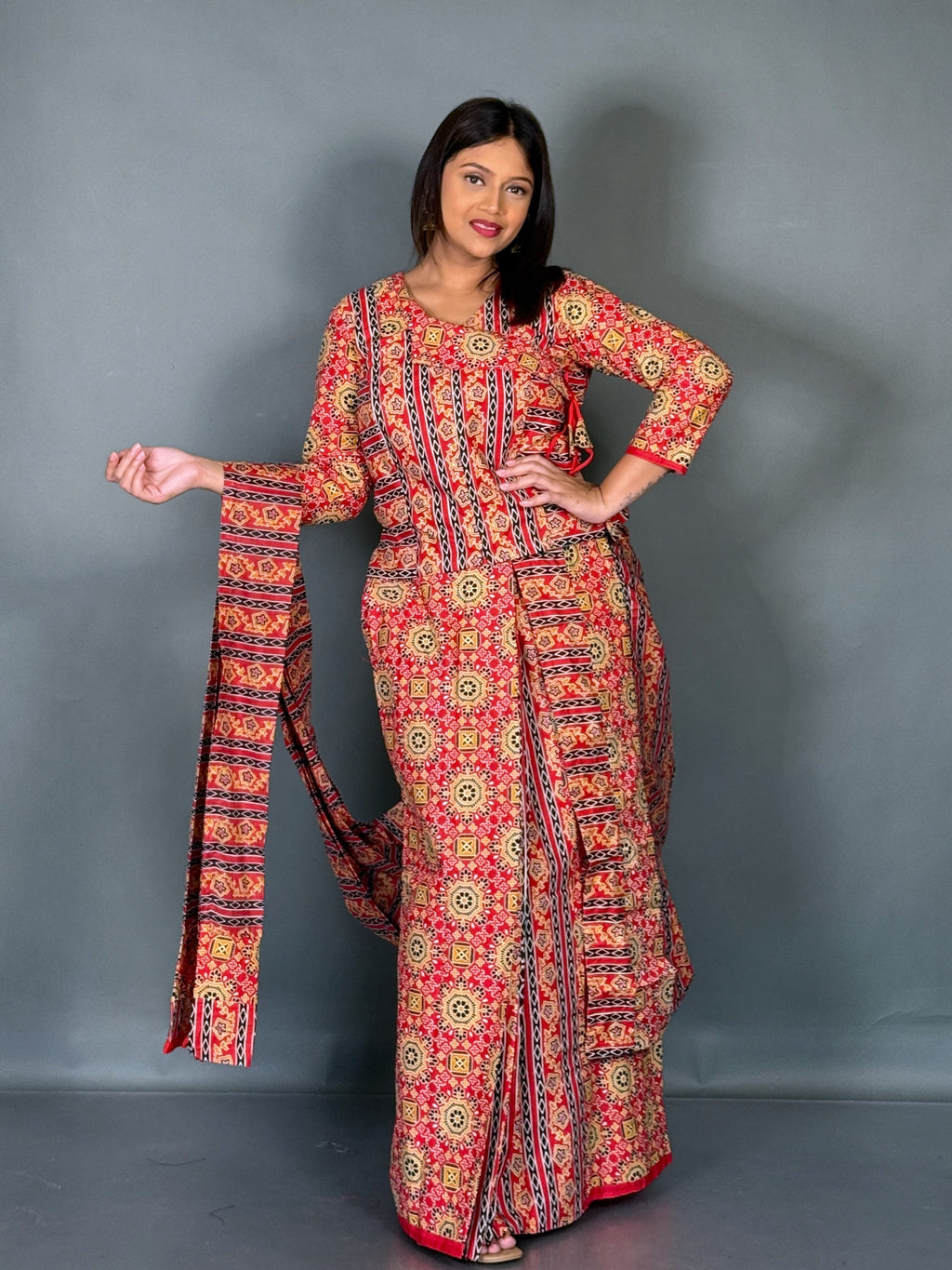 Scarlet Ajrak Grace Ready To Wear Saree Set