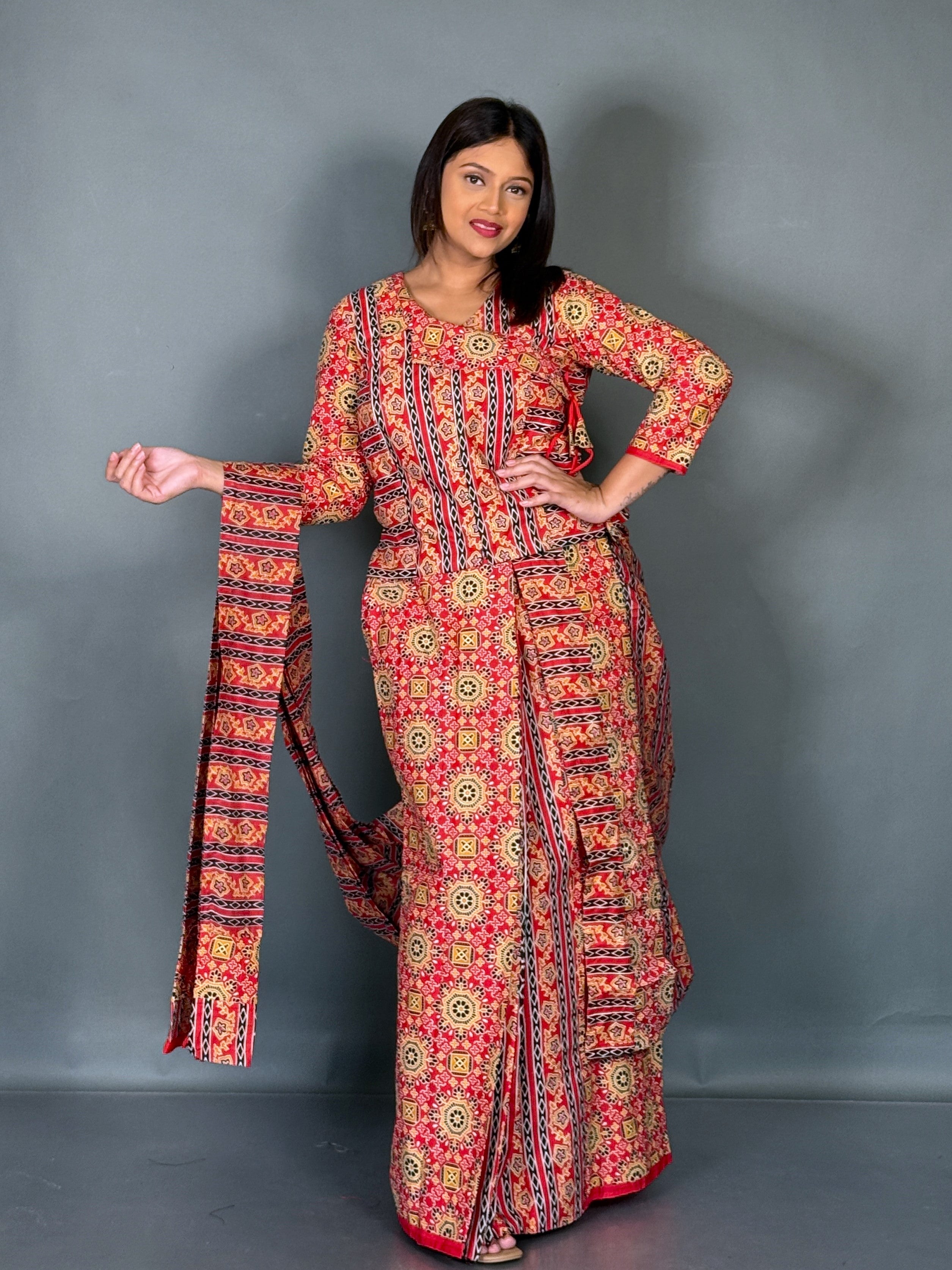 Scarlet Ajrak Grace Ready To Wear Saree Set