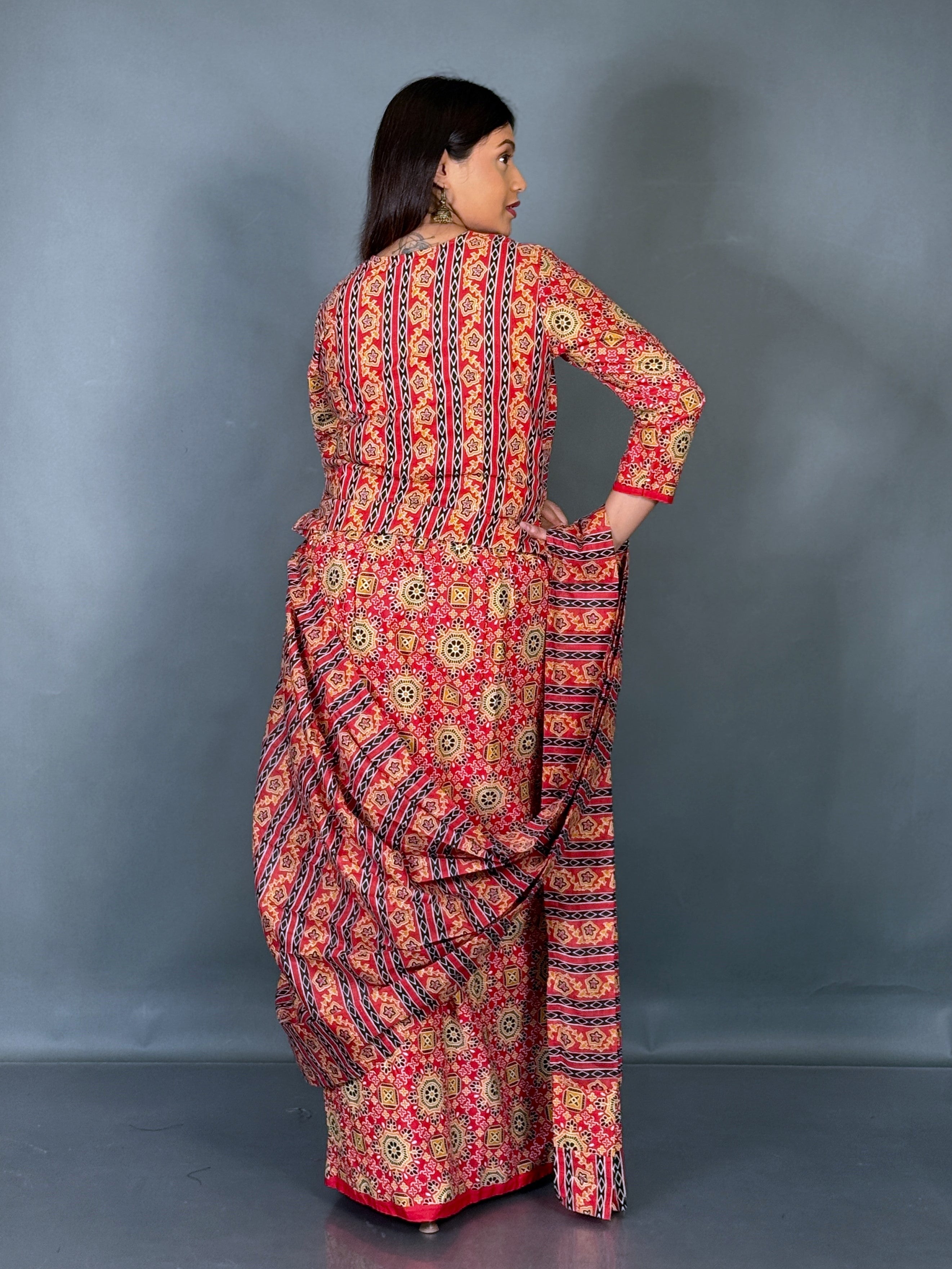 Scarlet Ajrak Grace Ready To Wear Saree Set