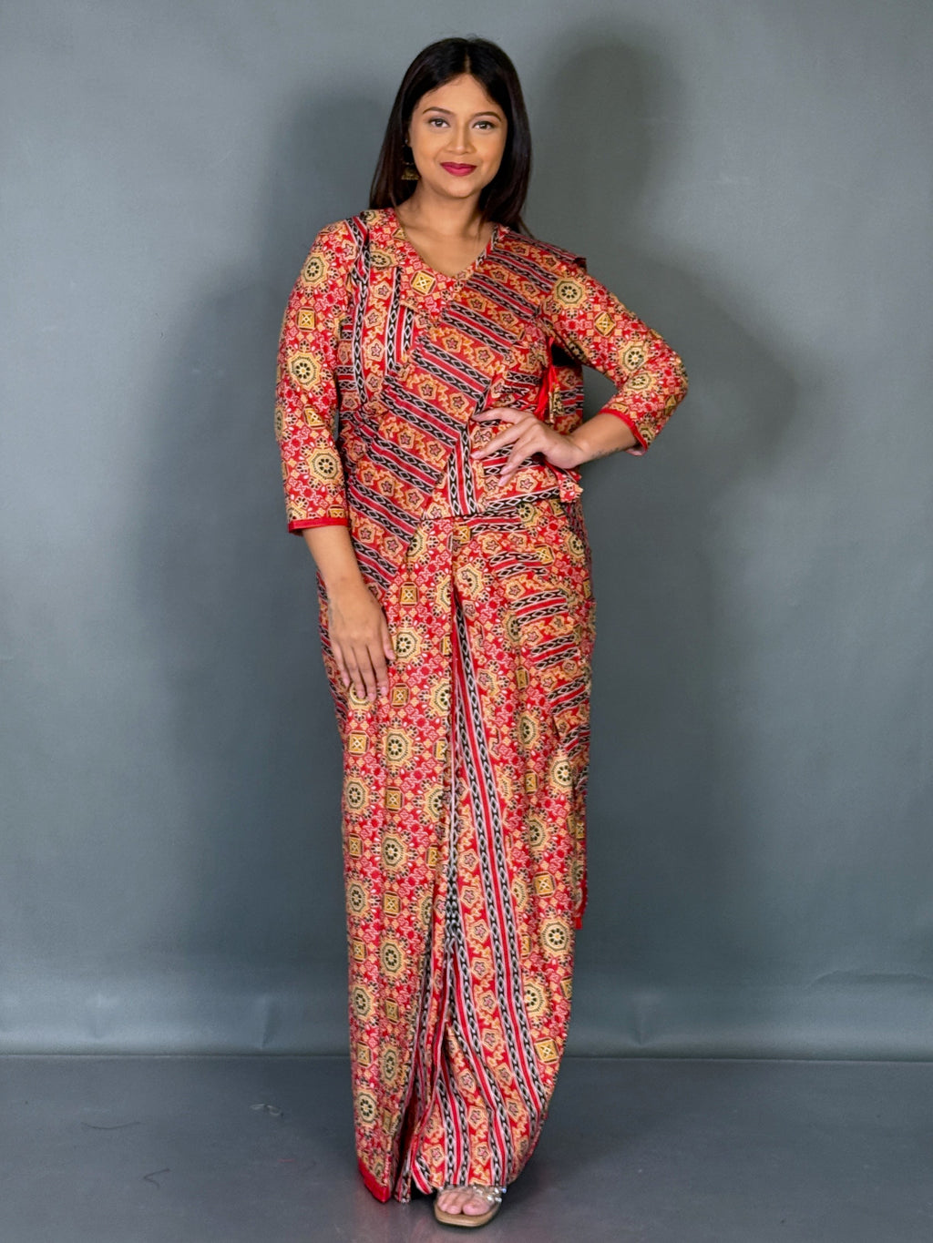 Scarlet Ajrak Grace Ready To Wear Saree Set