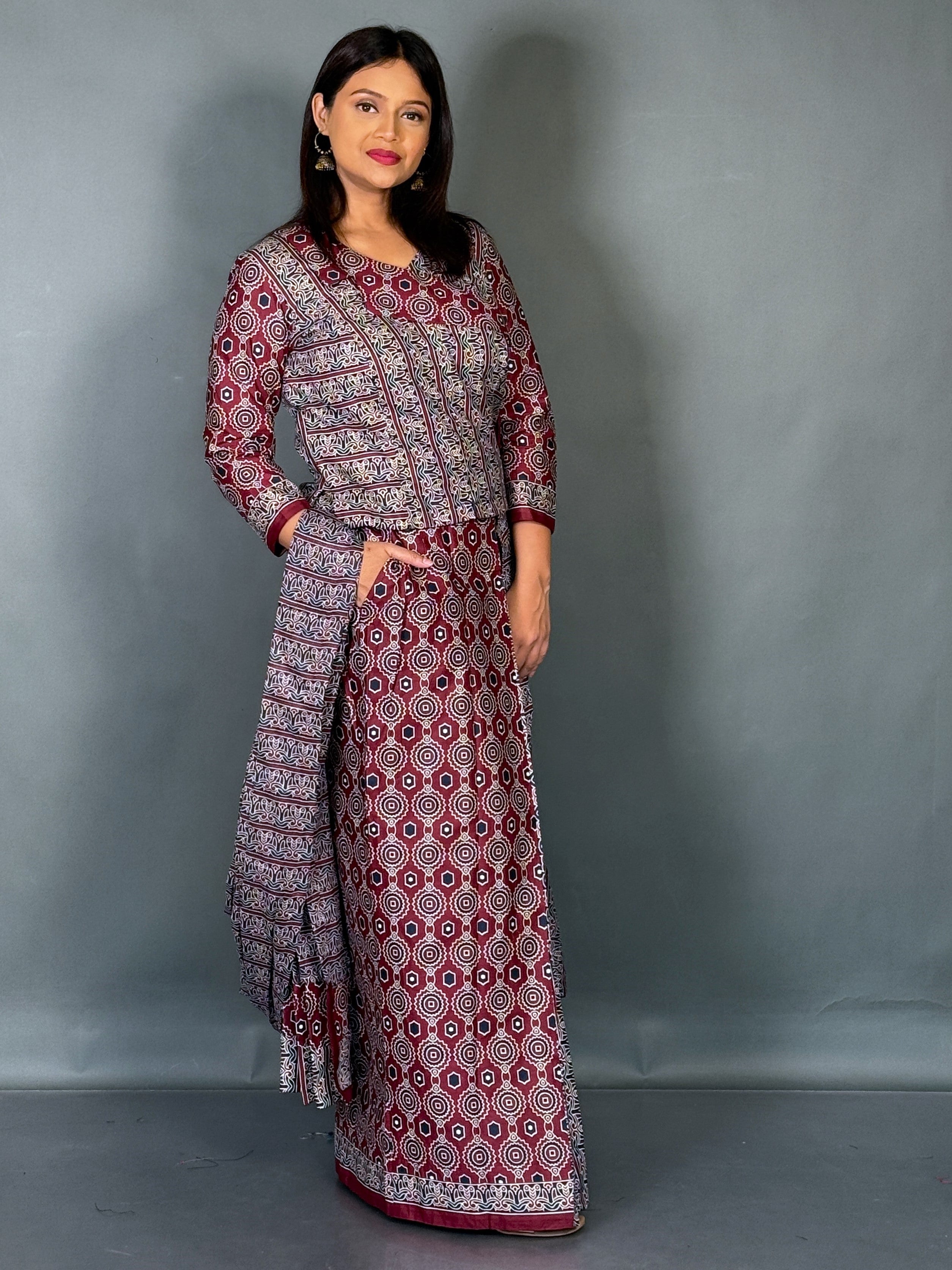 Crimson Dusk Ajrak Grey Elegance Ready To Wear Saree Set