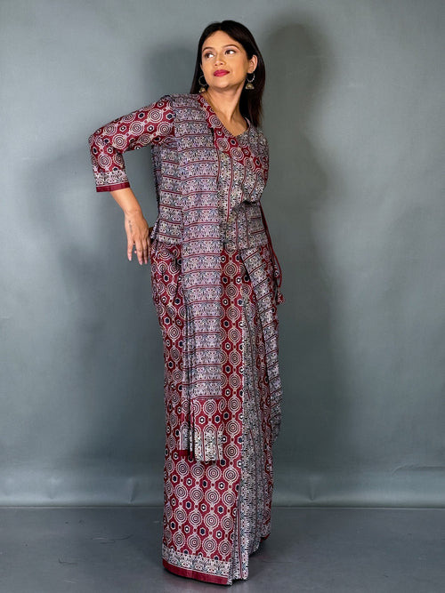 Crimson Dusk Ajrak Maroon Elegance Ready To Wear Saree Set