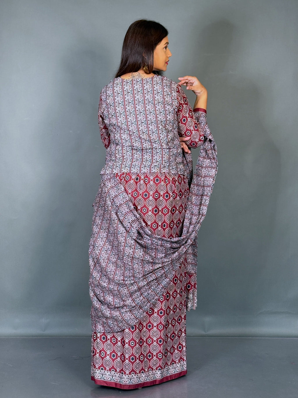 Crimson Dusk Ajrak Maroon Elegance Ready To Wear Saree Set