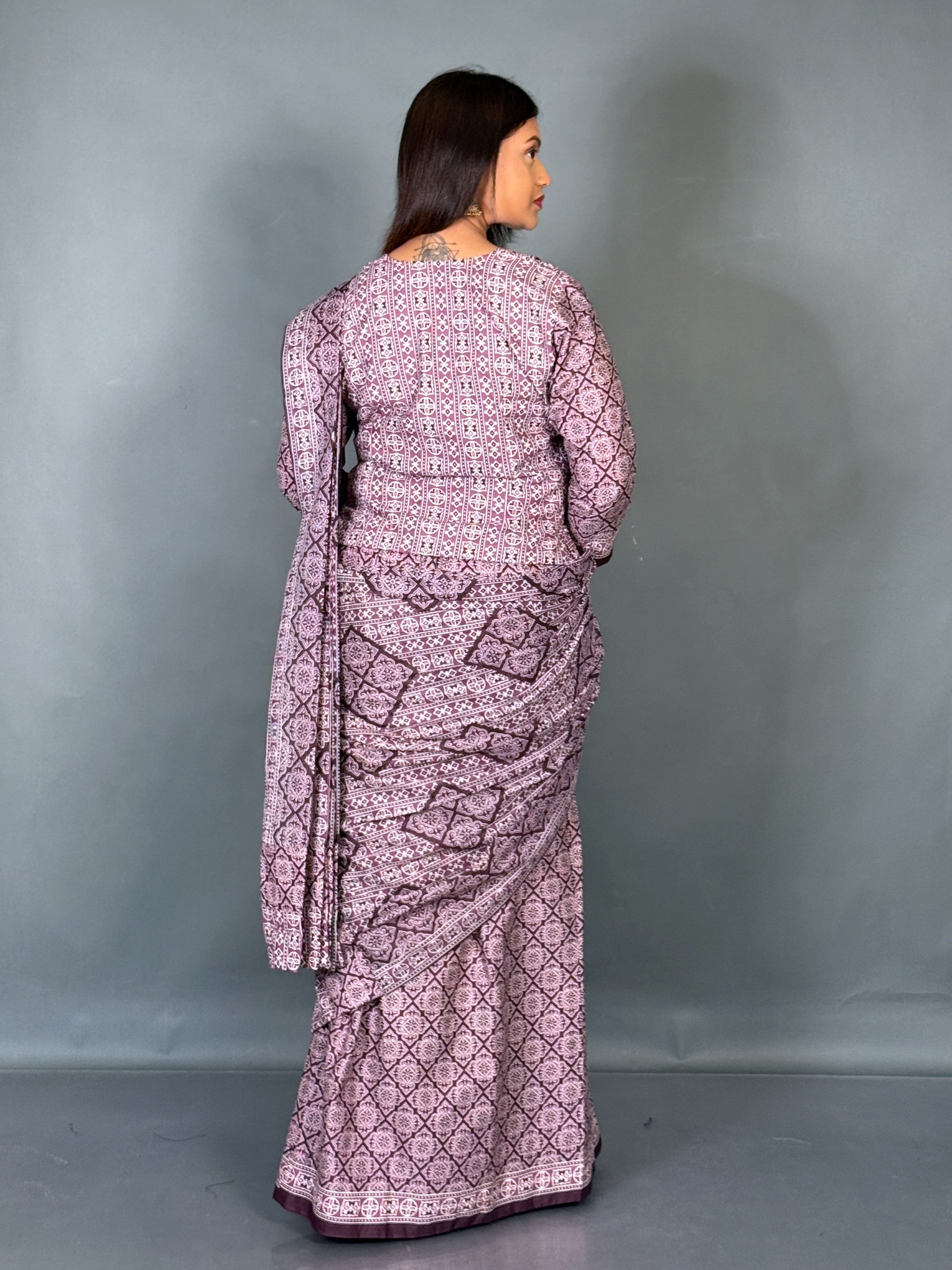 Lavender Moon Ajrak Ready To Wear Saree Set