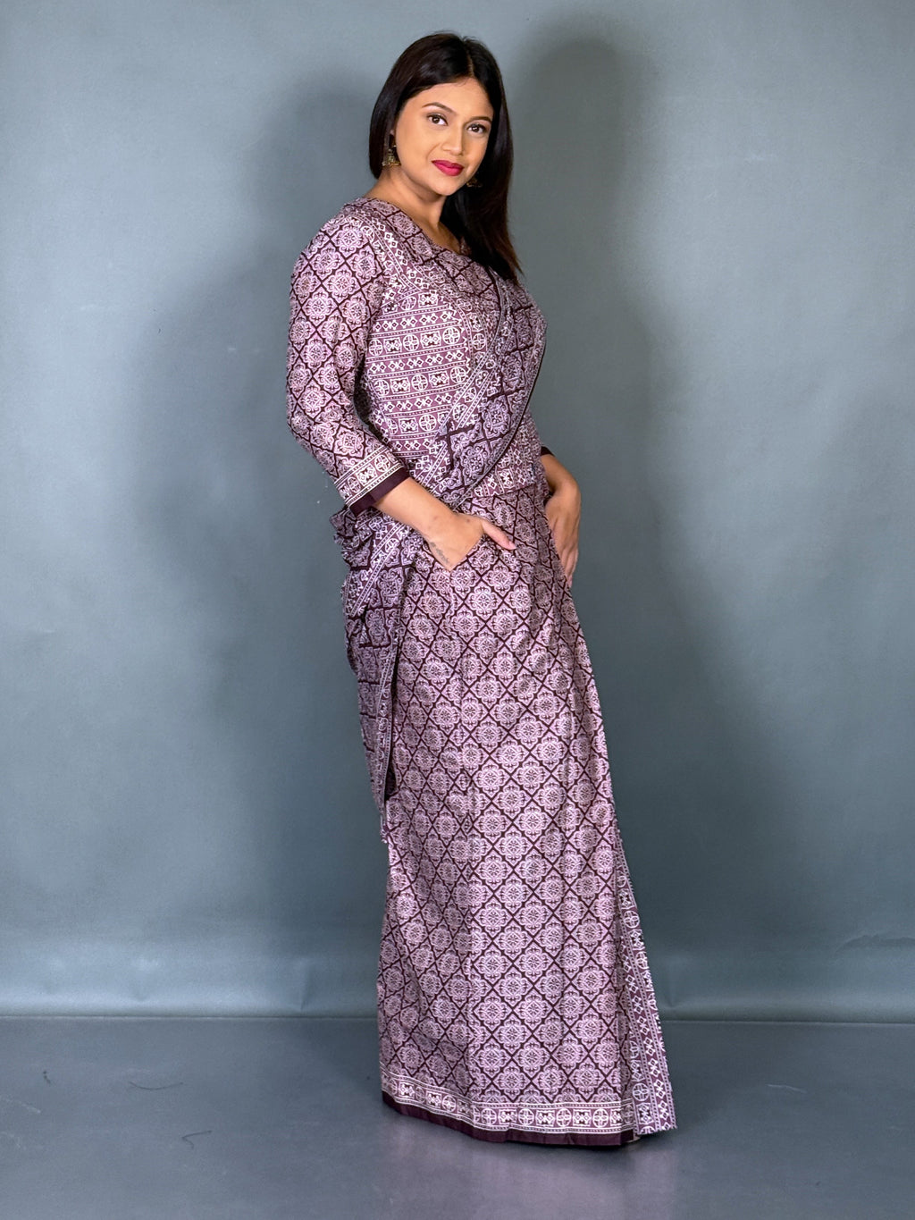 Lavender Moon Ajrak Ready To Wear Saree Set