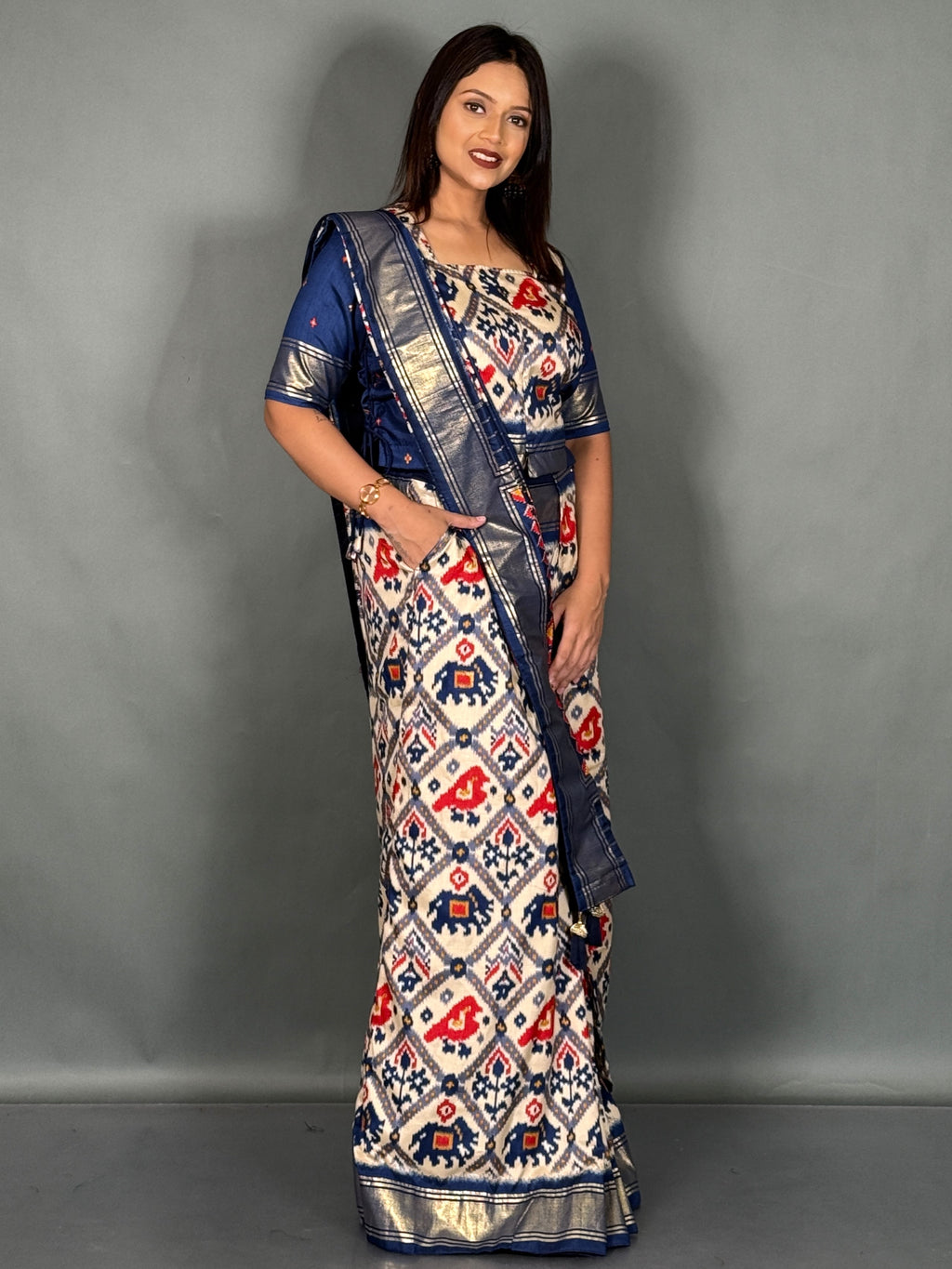 Celestial Blue Patola Ready-to-Wear Saree Set