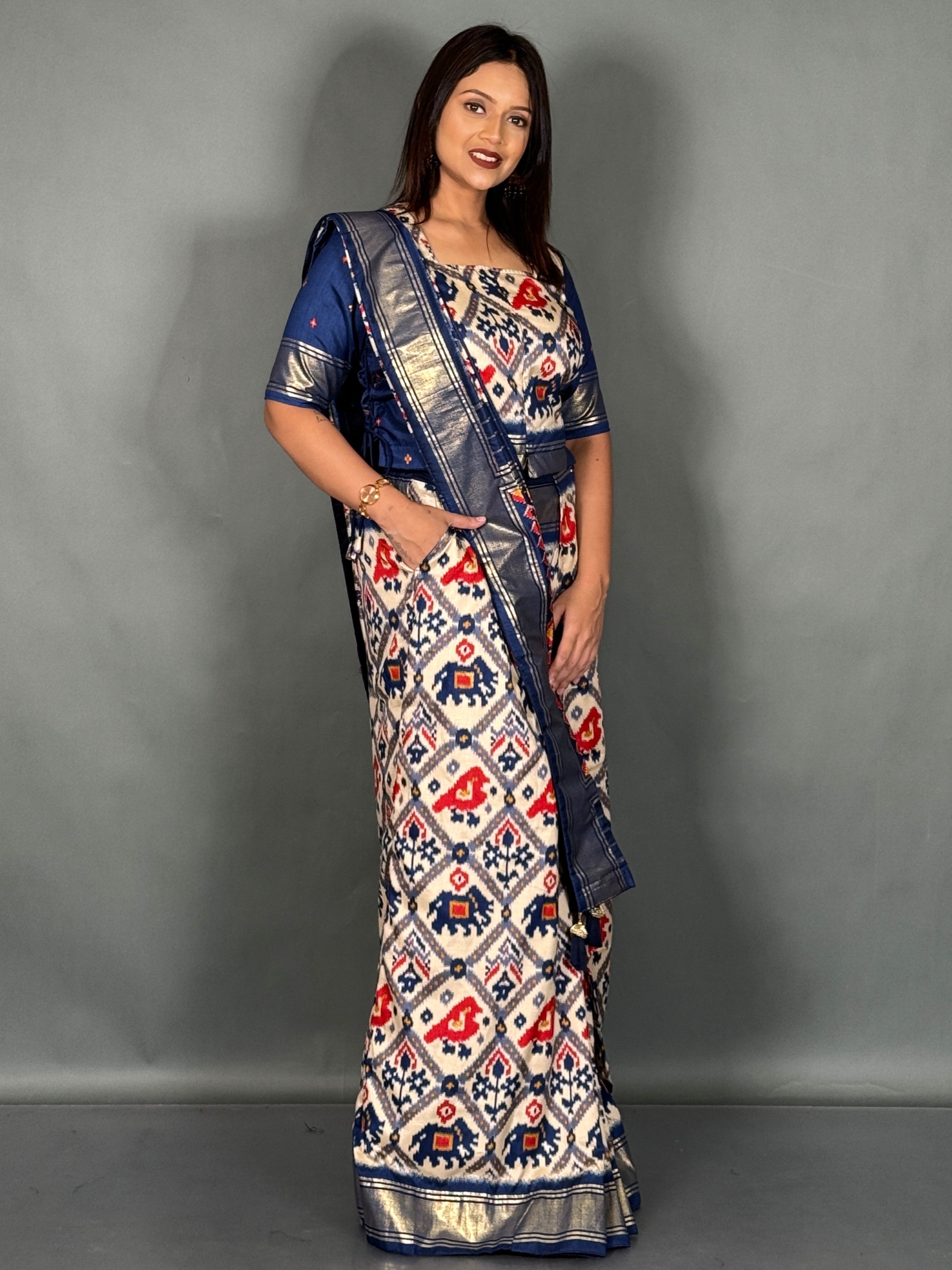 Celestial Blue Patola Ready-to-Wear Saree Set