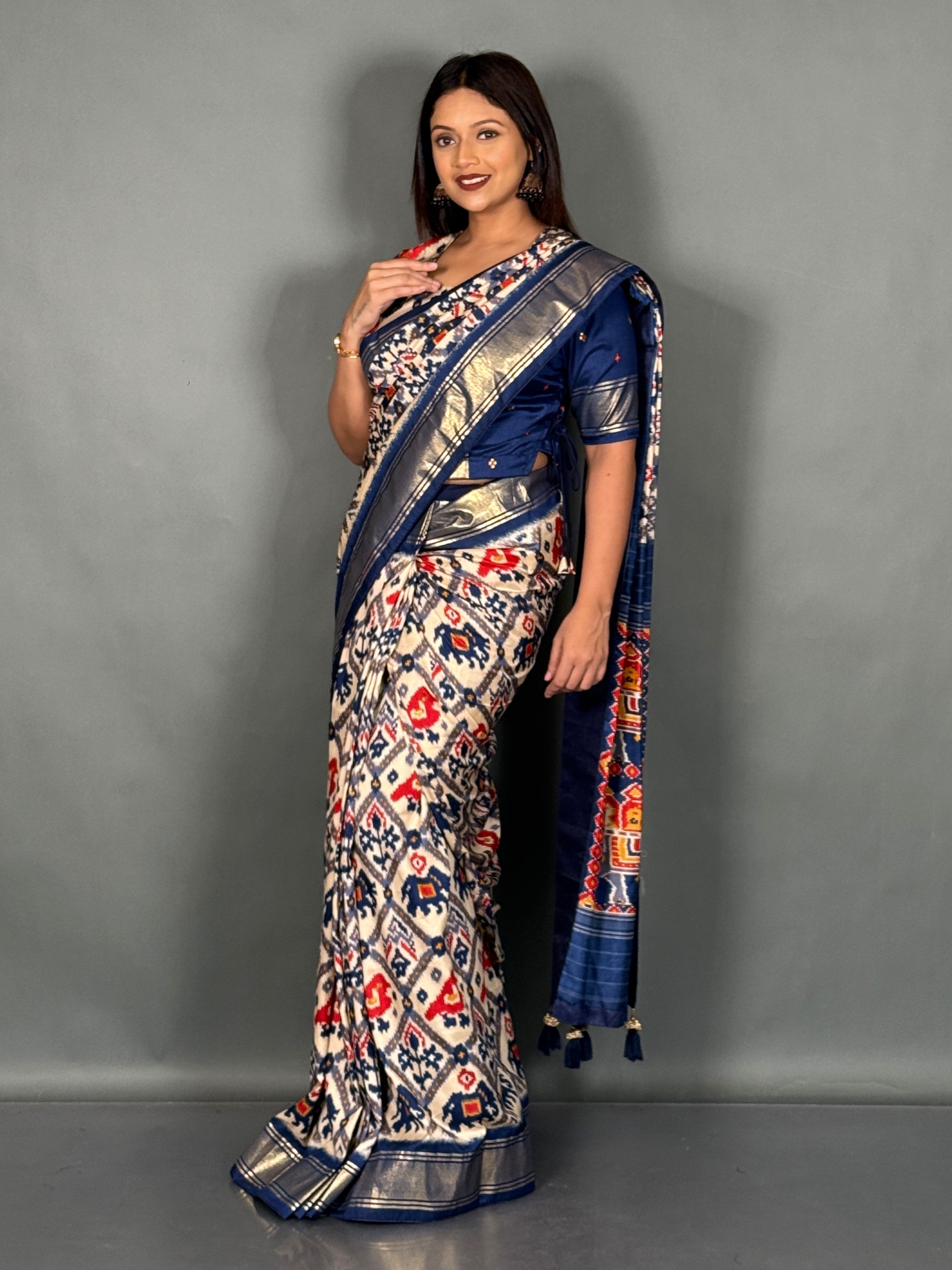 Moonlit Grace Plus Size Off White Blue Ready-to-Wear Saree Set