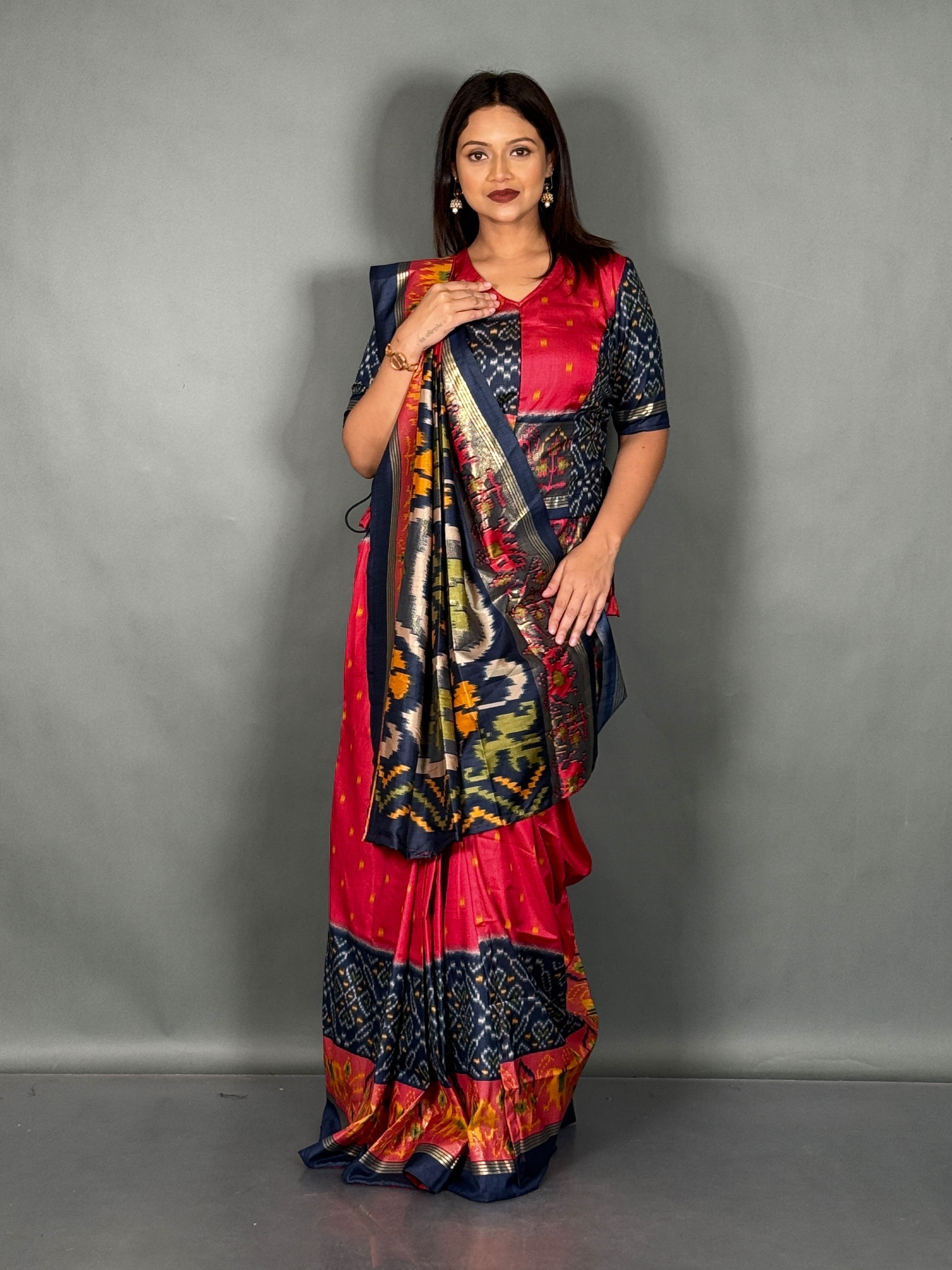 Tomato Red Semi Silk Patola Ready-to-Wear Saree Set