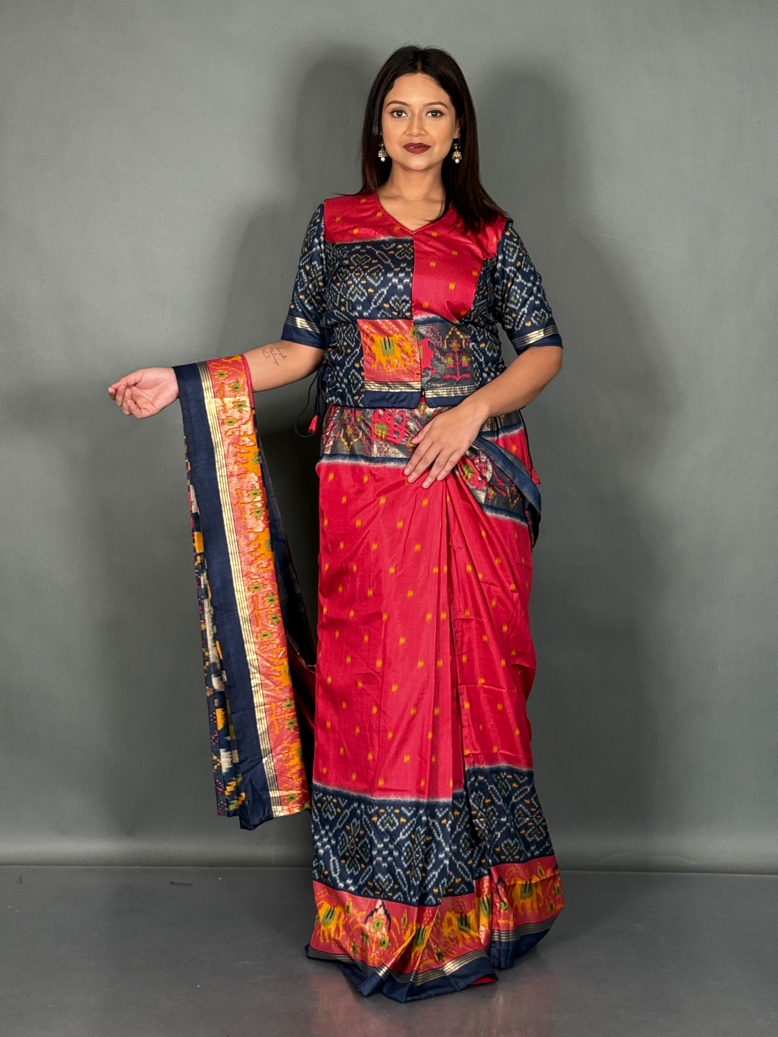 Tomato Red Semi Silk Patola Ready-to-Wear Saree Set