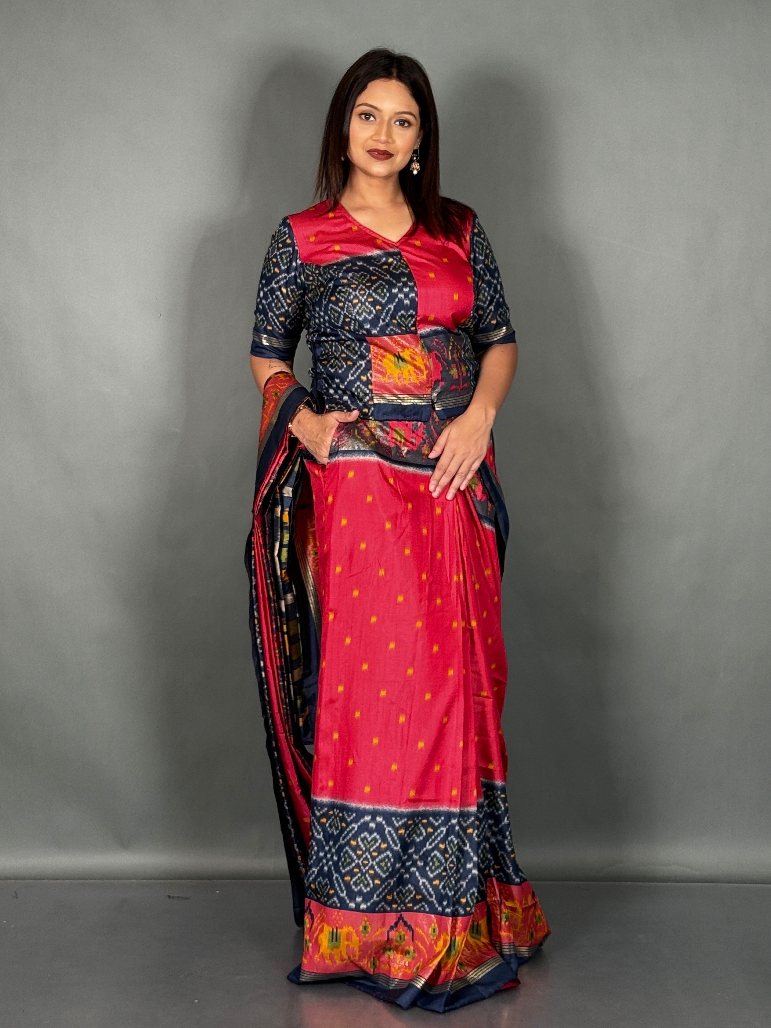 Tomato Red Semi Silk Patola Ready-to-Wear Saree Set