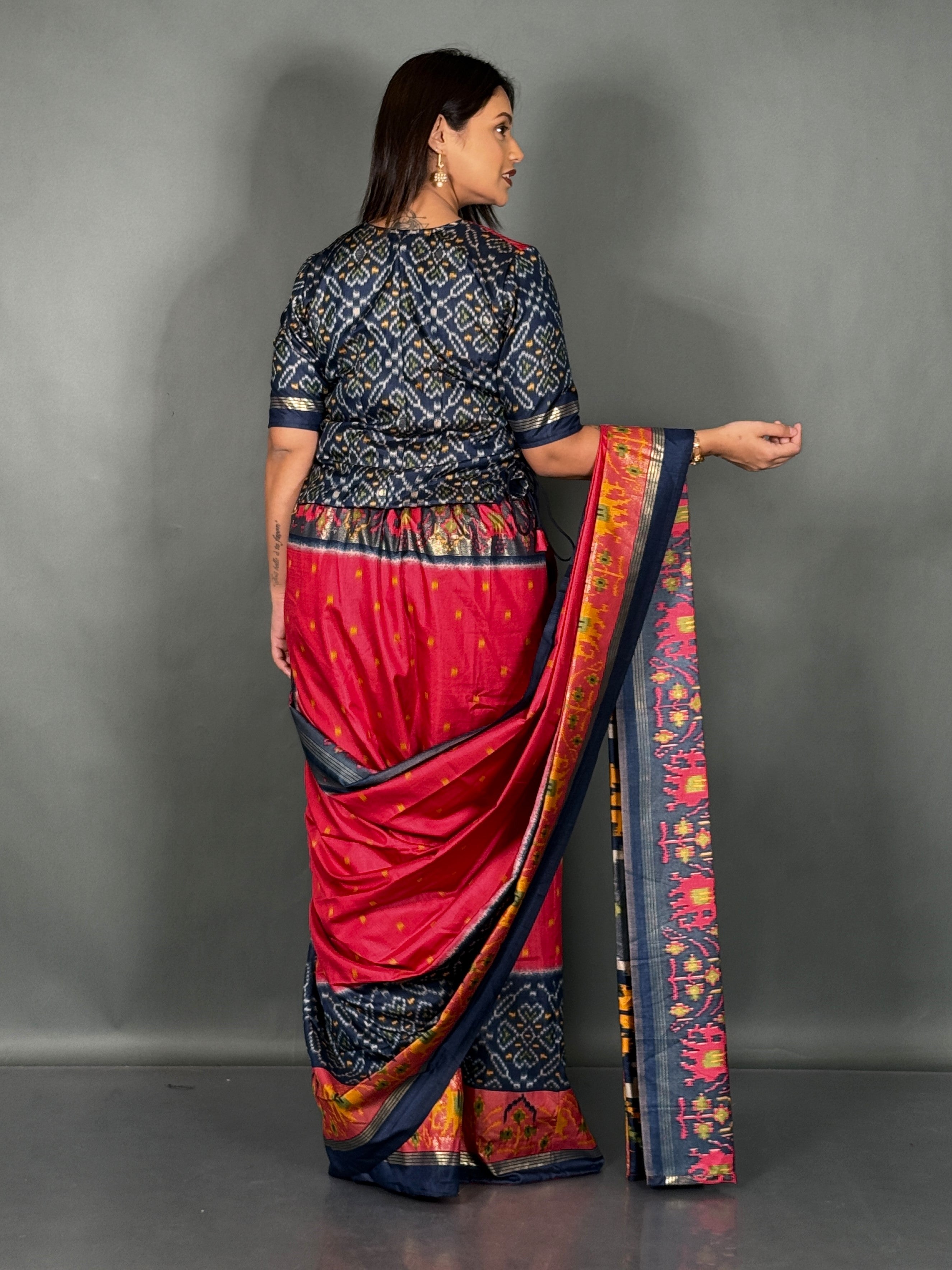 Tomato Red Semi Silk Patola Ready-to-Wear Saree Set