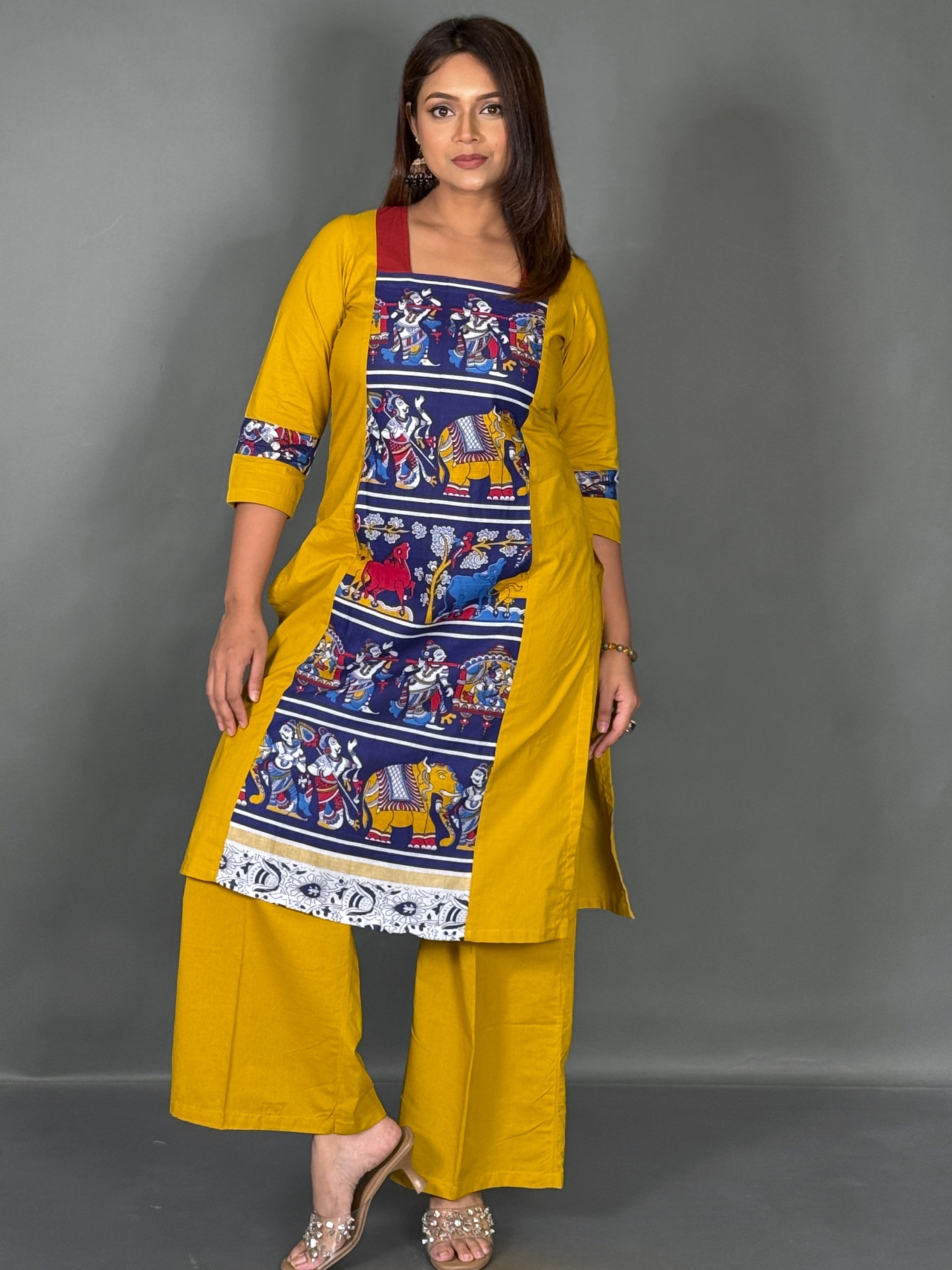 Yellow & Blue Kalamkari Printed Organic Cotton Kurti Pant Co-Ord Set
