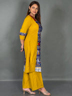 Yellow & Blue Kalamkari Printed Organic Cotton Kurti Pant Co-Ord Set
