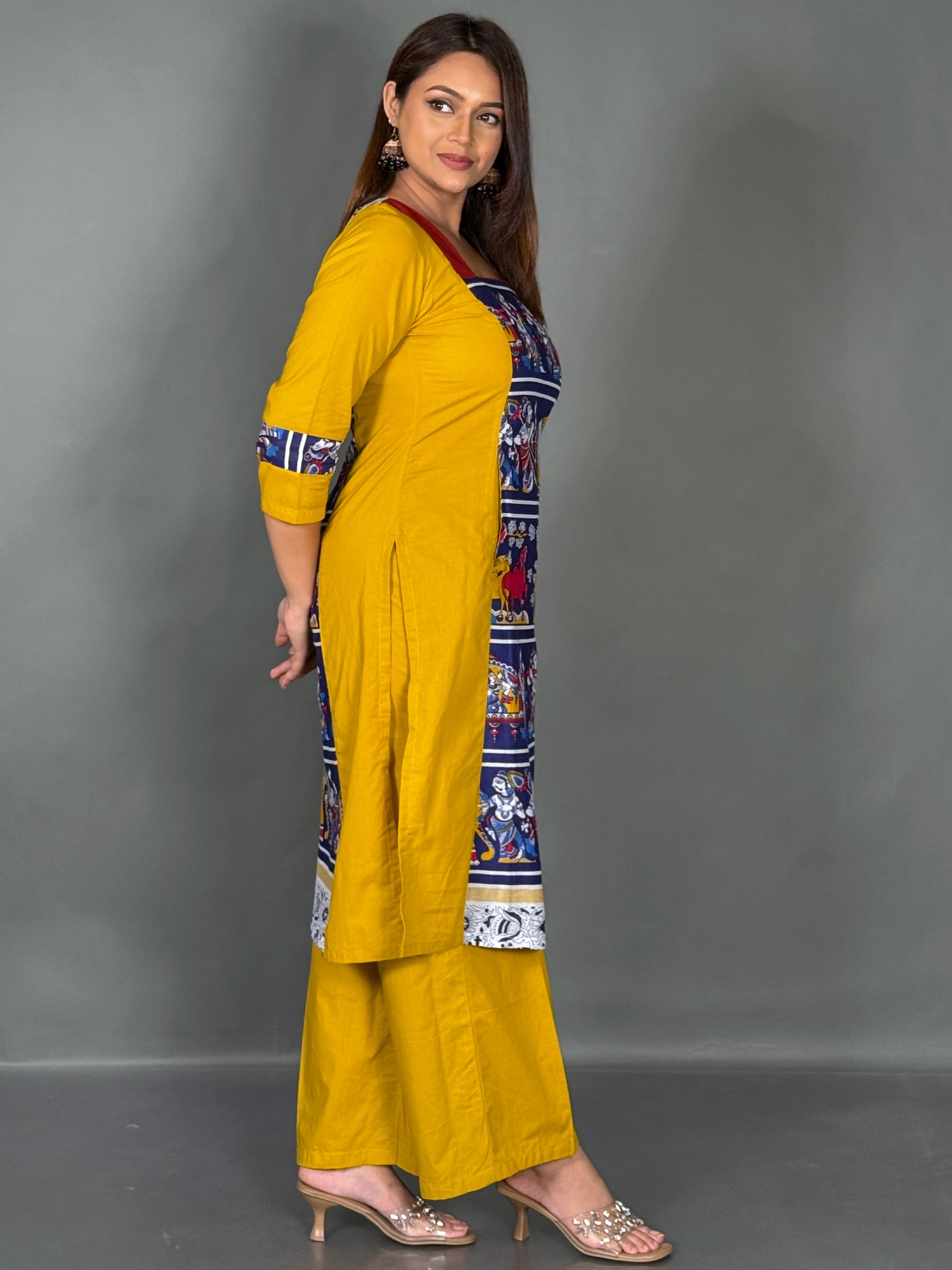 Yellow & Blue Kalamkari Printed Organic Cotton Kurti Pant Co-Ord Set