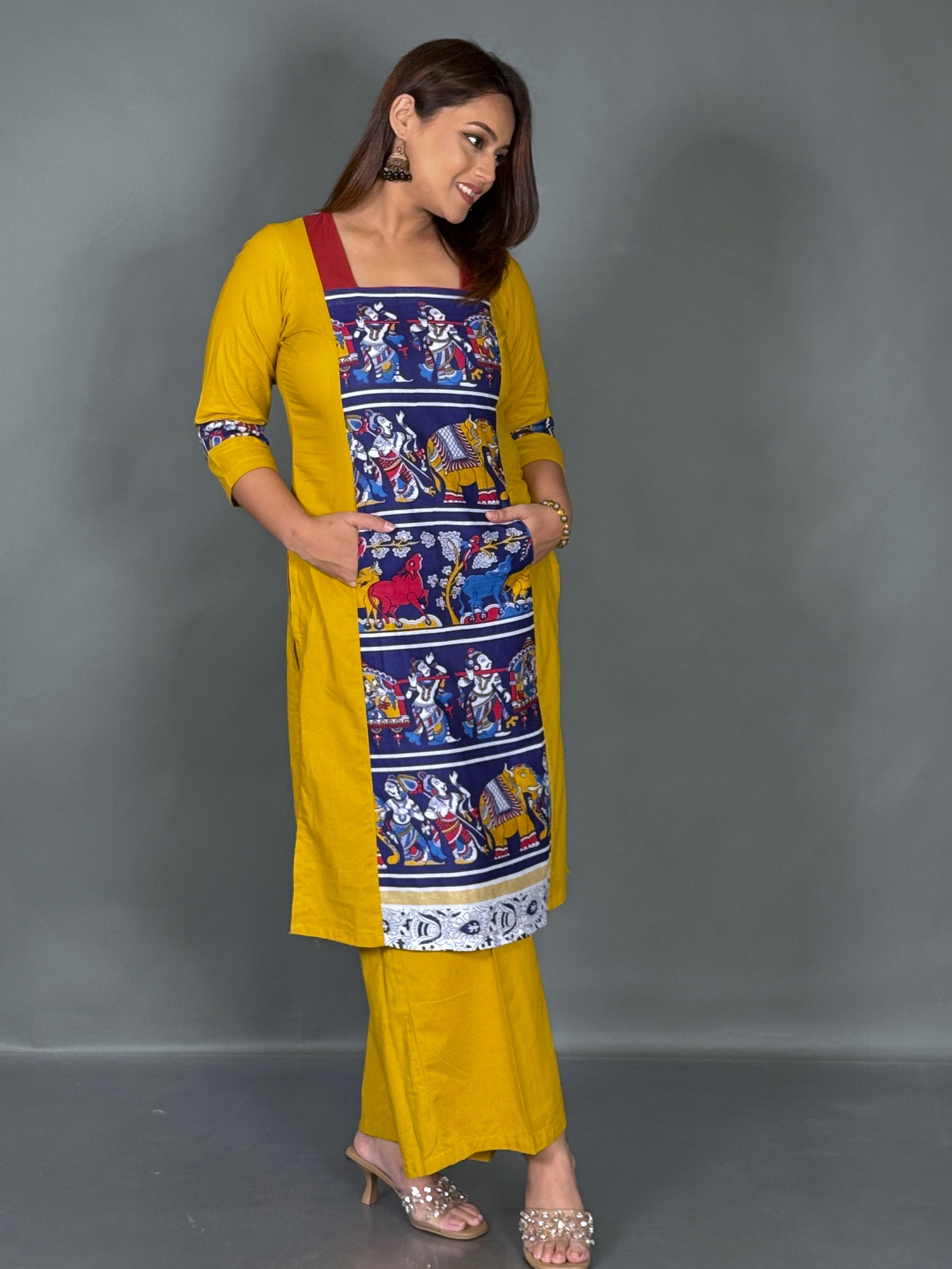 Yellow & Blue Kalamkari Printed Organic Cotton Kurti Pant Co-Ord Set