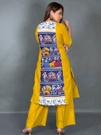 Yellow & Blue Kalamkari Printed Organic Cotton Kurti Pant Co-Ord Set