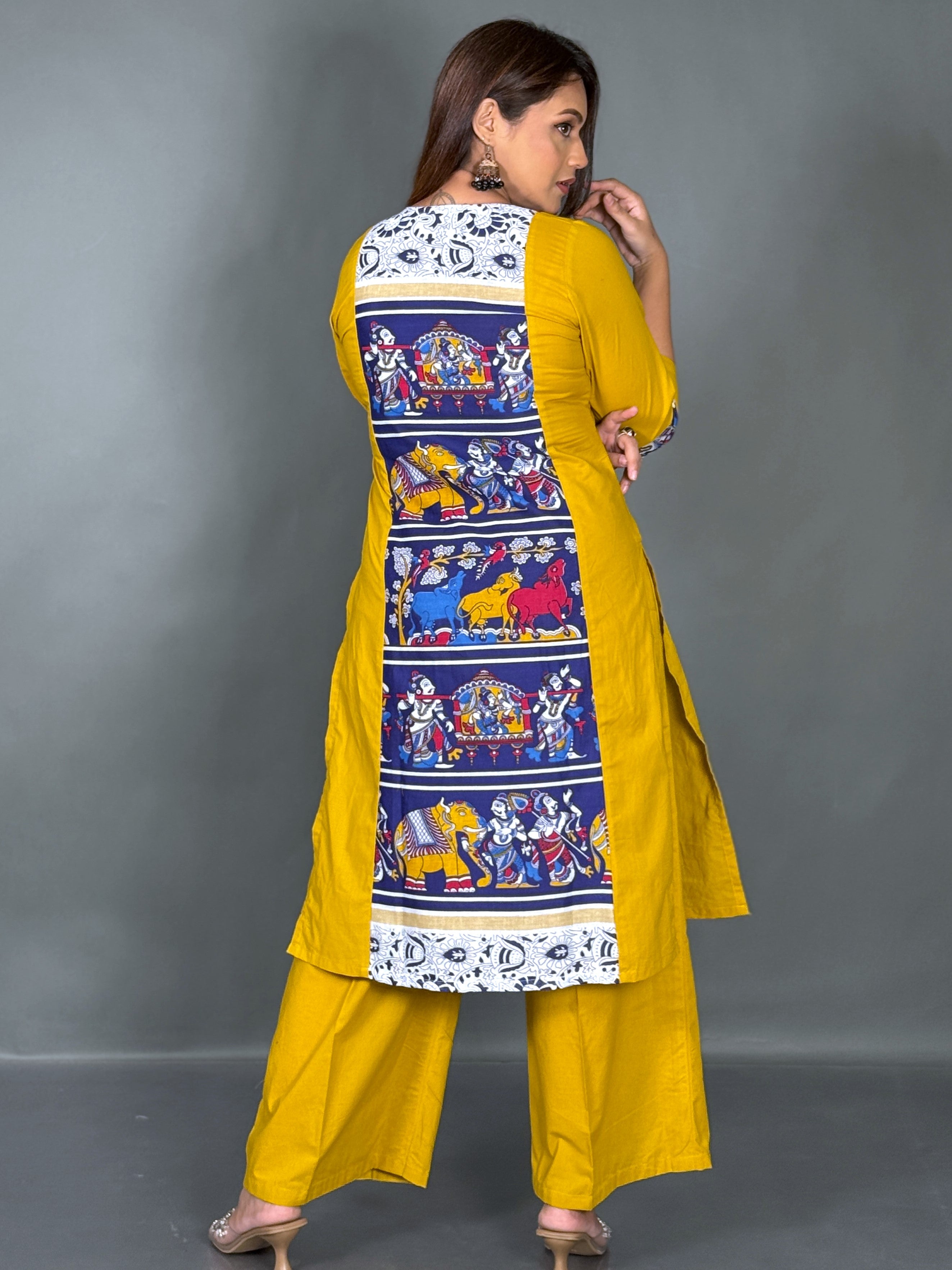 Yellow & Blue Kalamkari Printed Organic Cotton Kurti Pant Co-Ord Set
