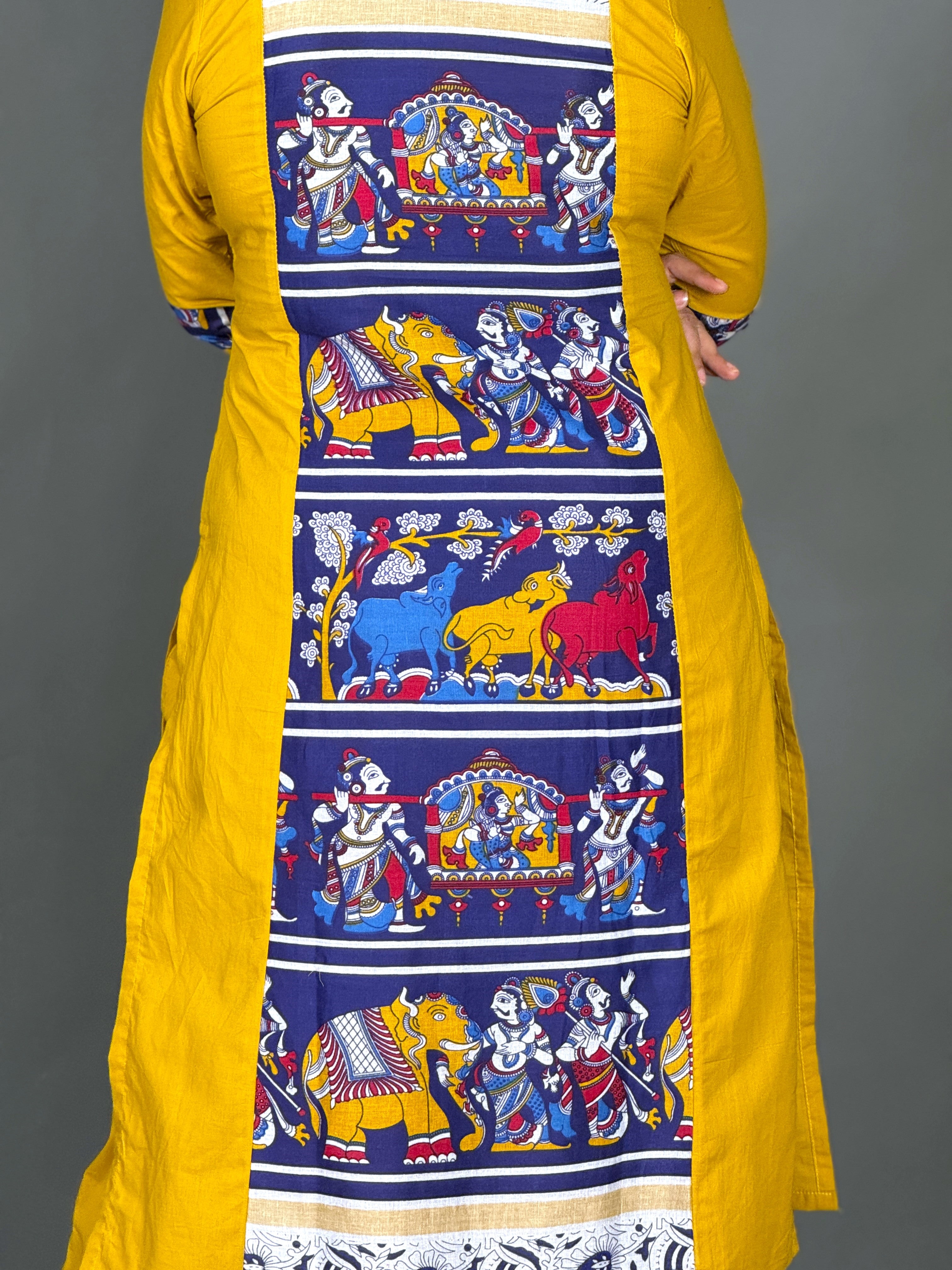 Yellow & Blue Kalamkari Printed Organic Cotton Kurti Pant Co-Ord Set