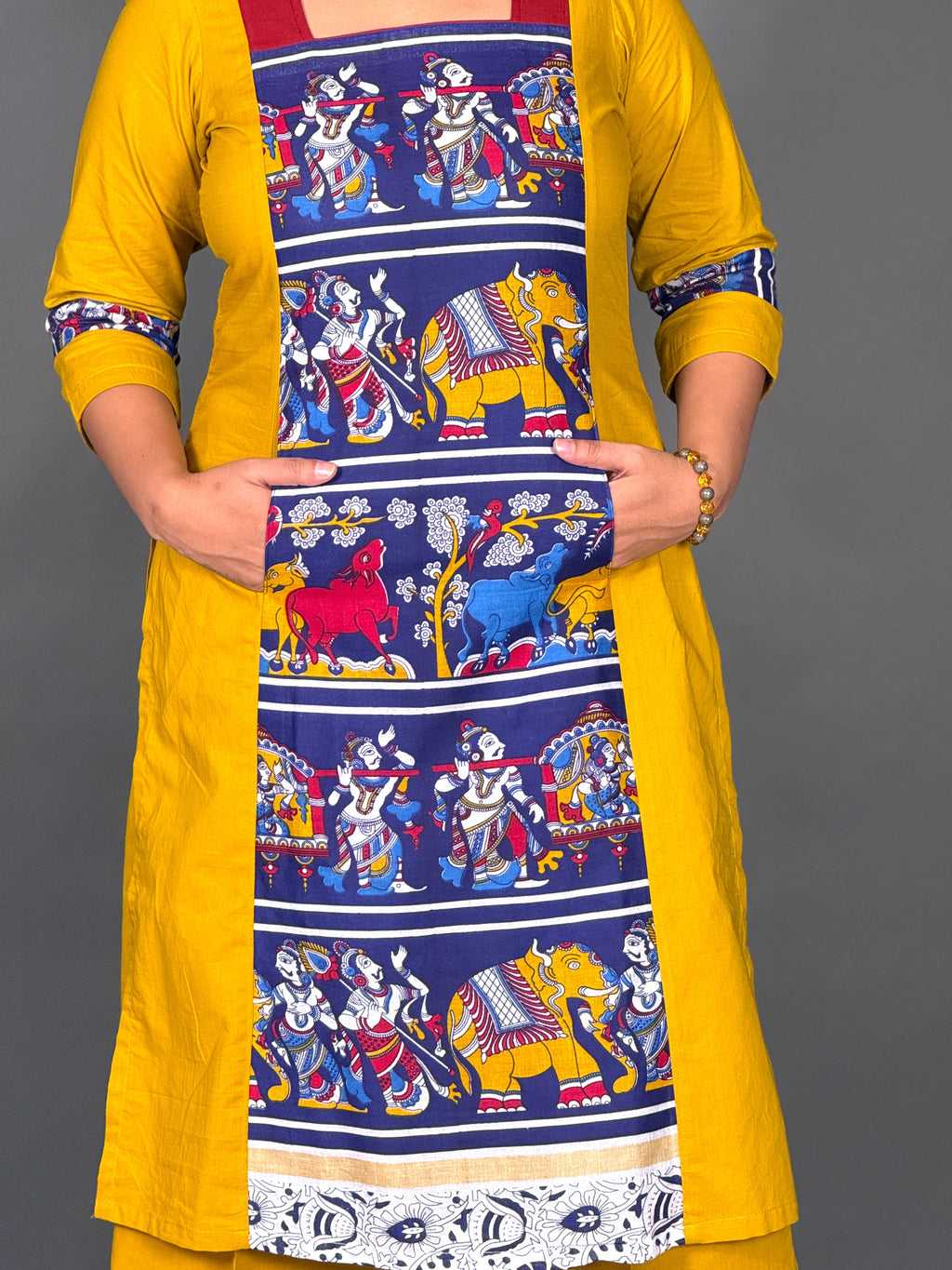 Yellow & Blue Kalamkari Printed Organic Cotton Kurti Pant Co-Ord Set