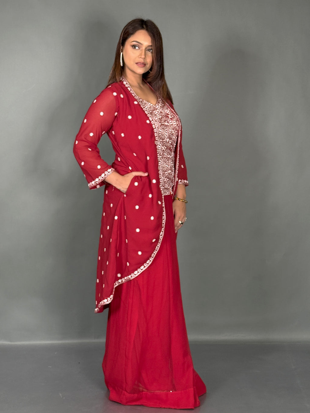 Modern Maroon Georgette Party Wear Fusion Set