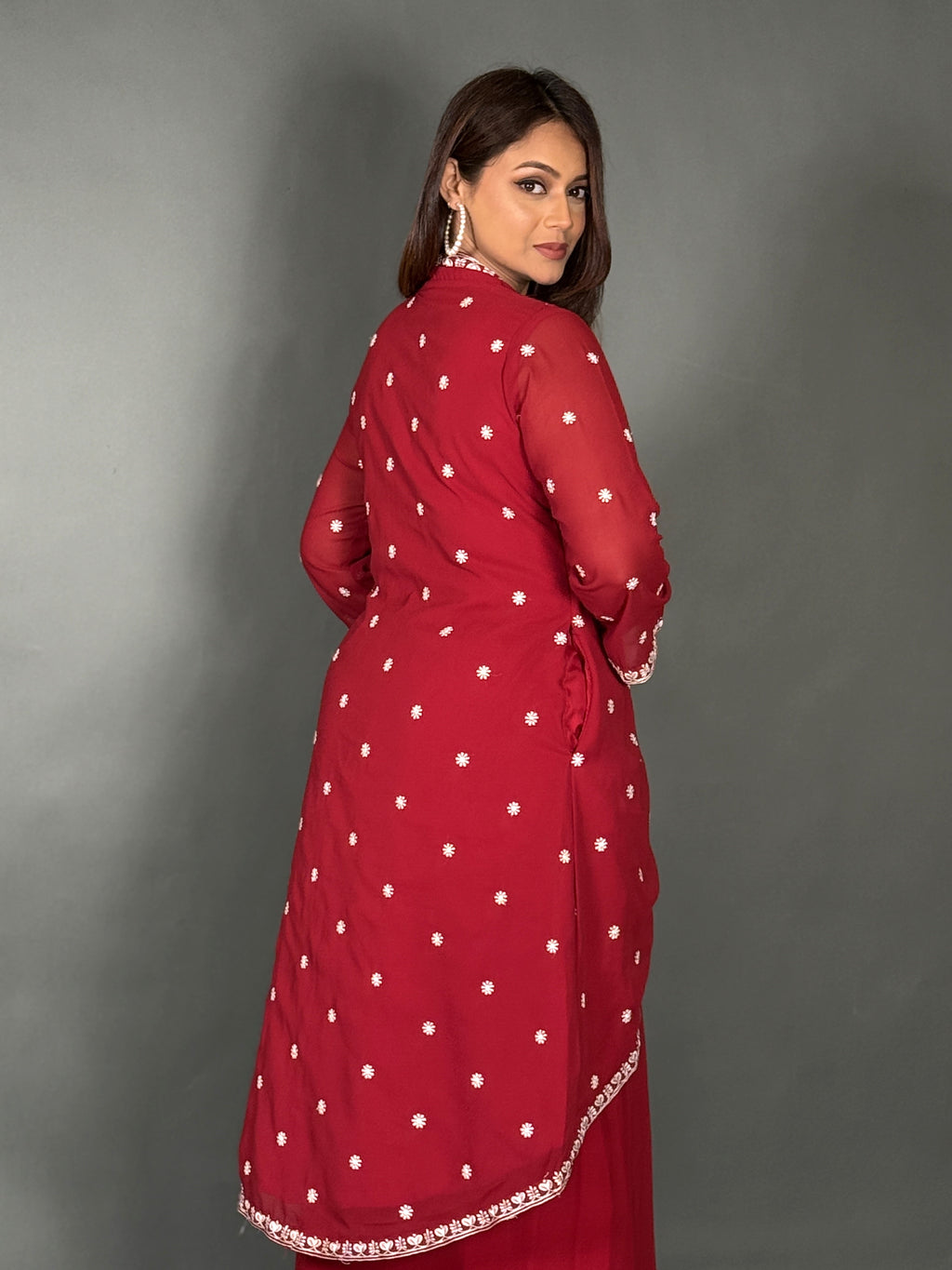 Modern Maroon Georgette Party Wear Fusion Set