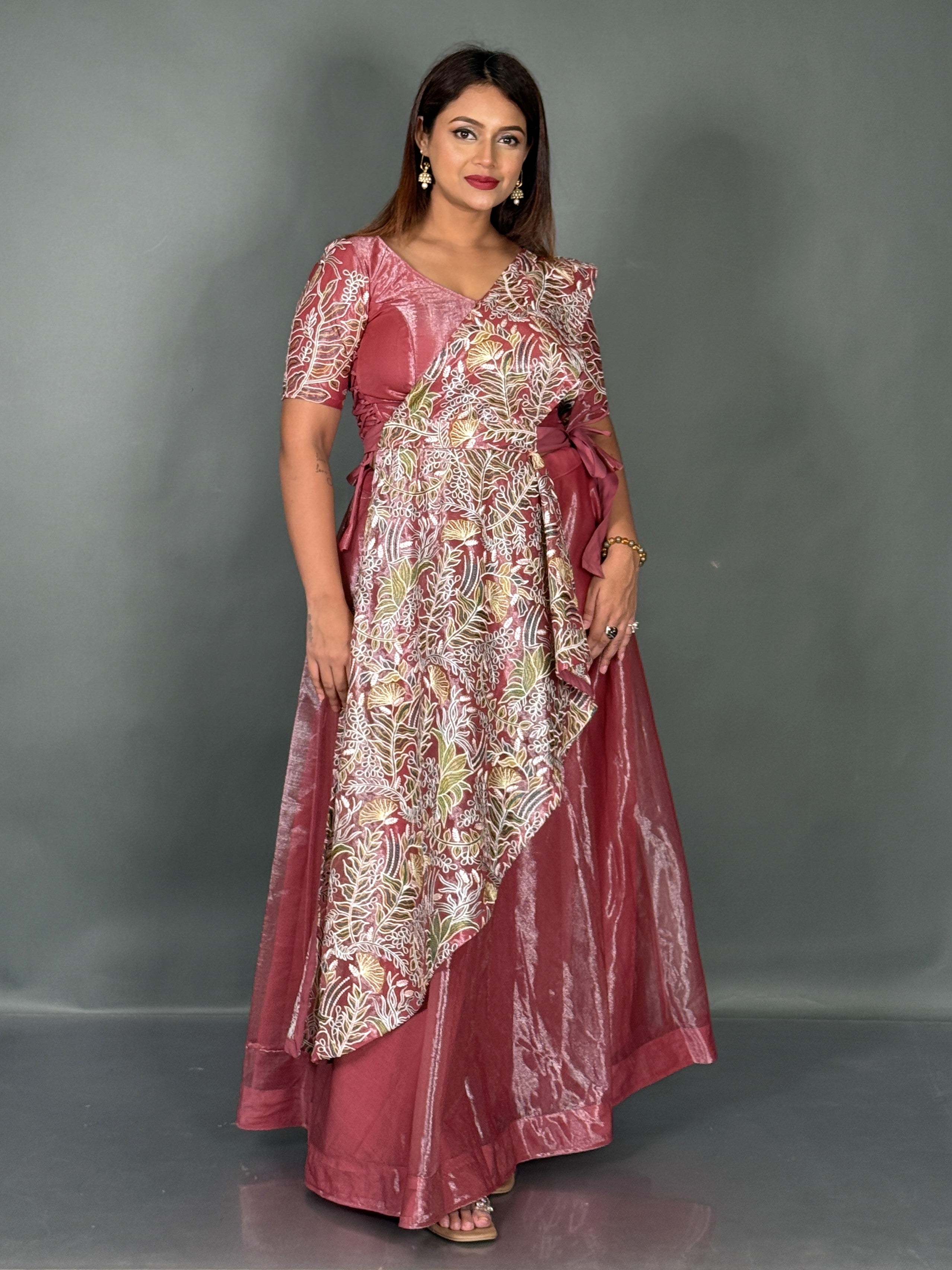 Elegant Onion Pink Tissue Organza Fusion Lehenga Set