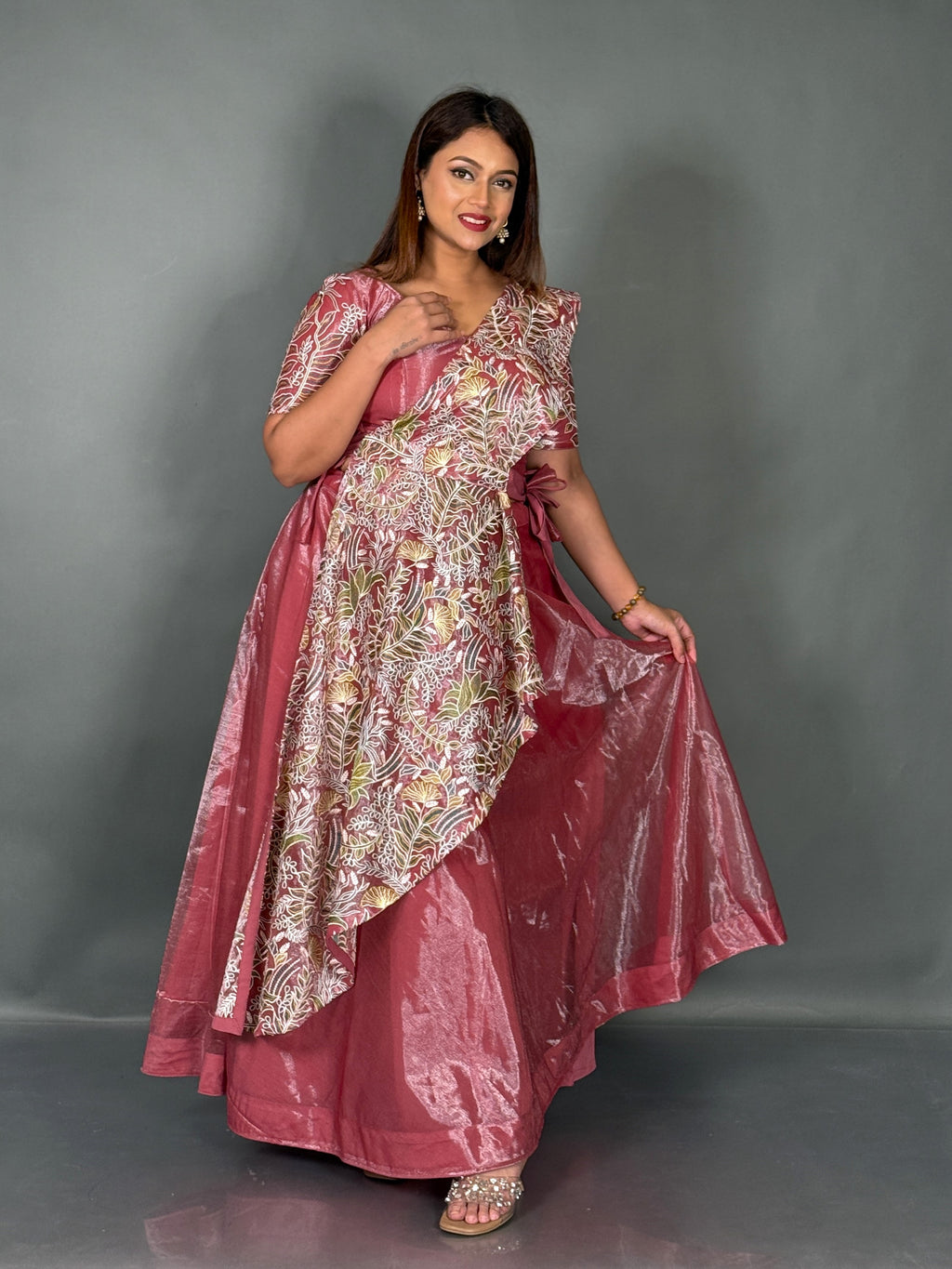 Elegant Onion Pink Tissue Organza Fusion Lehenga Set