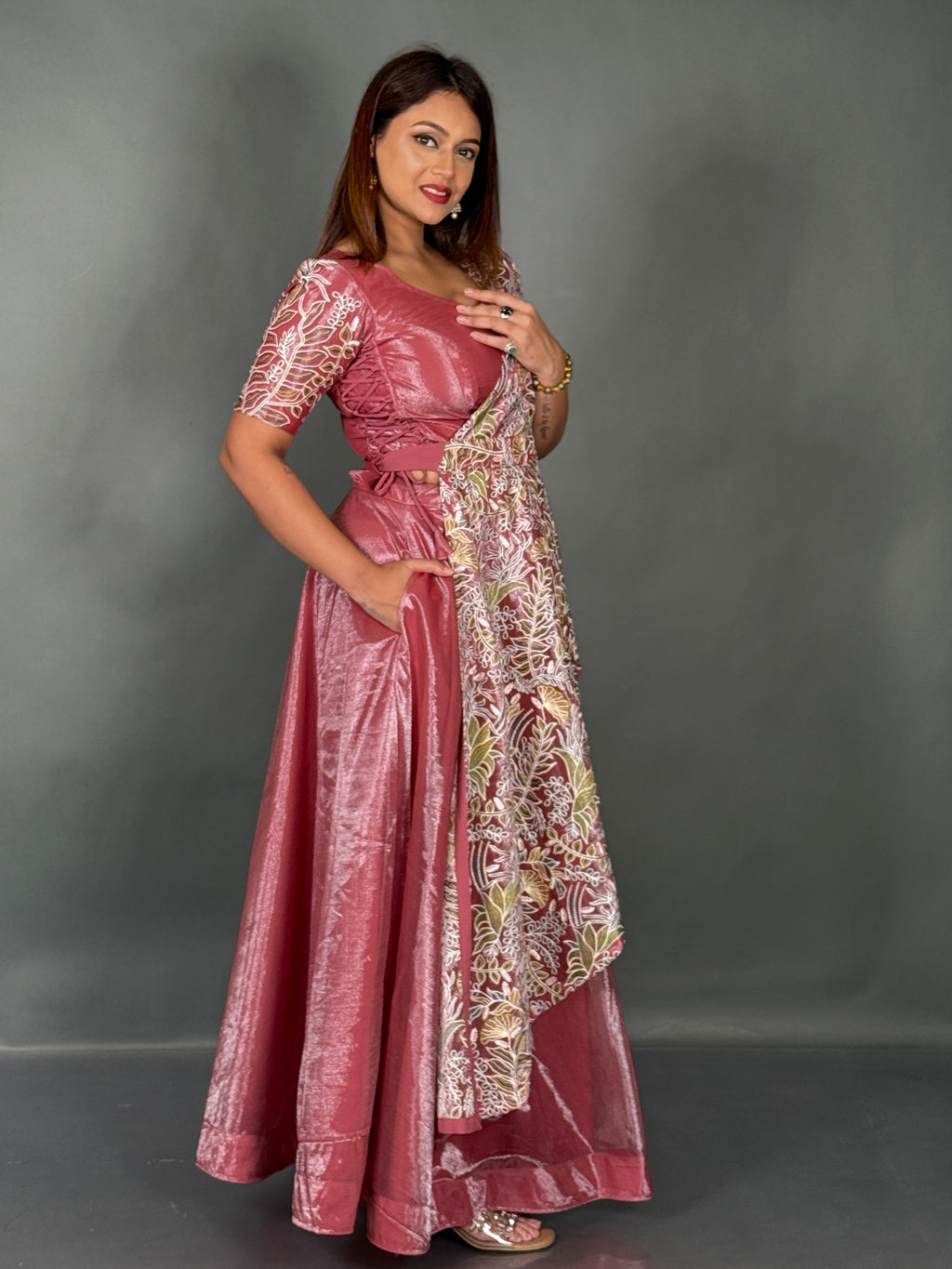 Elegant Onion Pink Tissue Organza Fusion Lehenga Set
