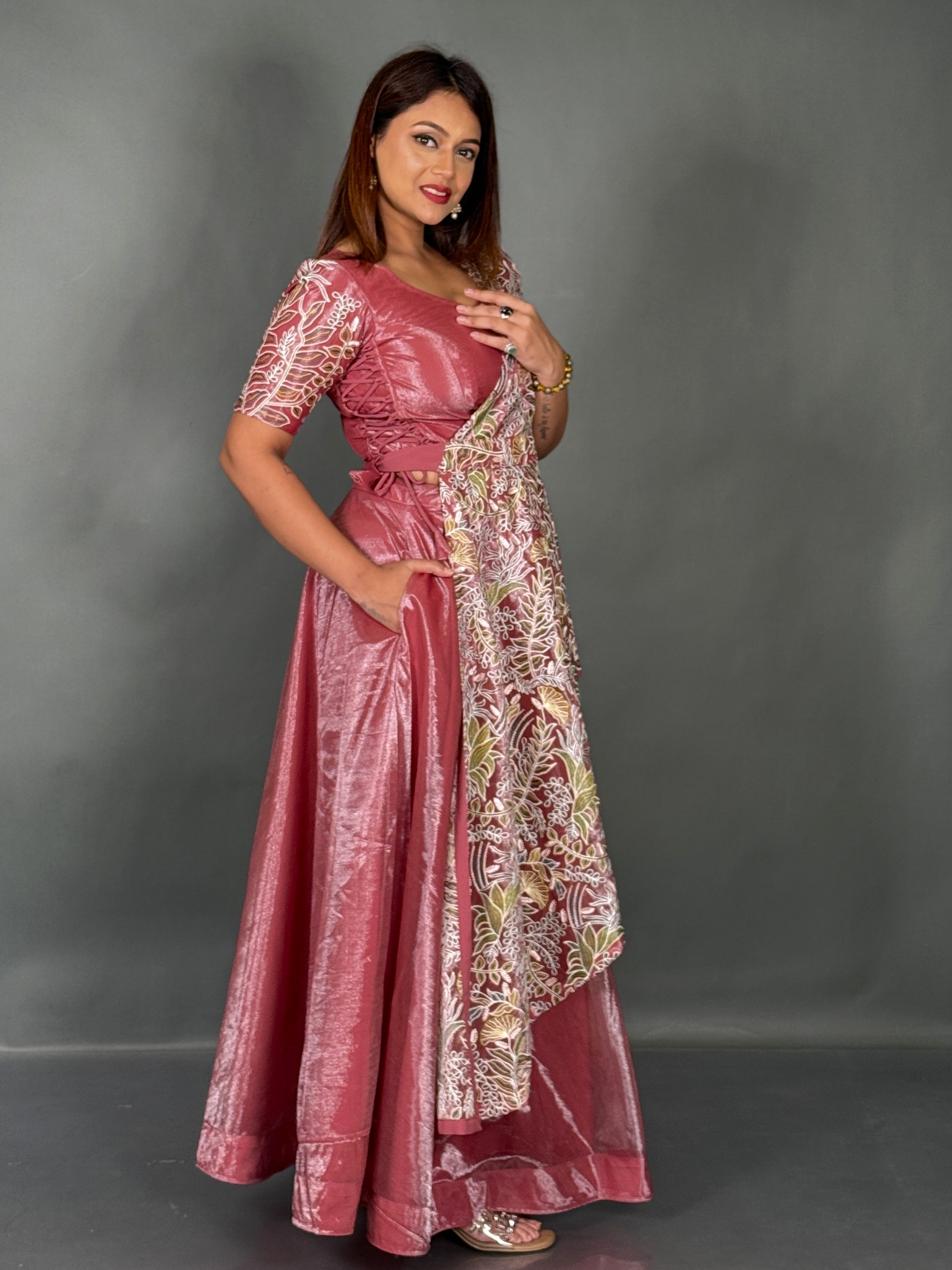 Elegant Onion Pink Tissue Organza Fusion Lehenga Set
