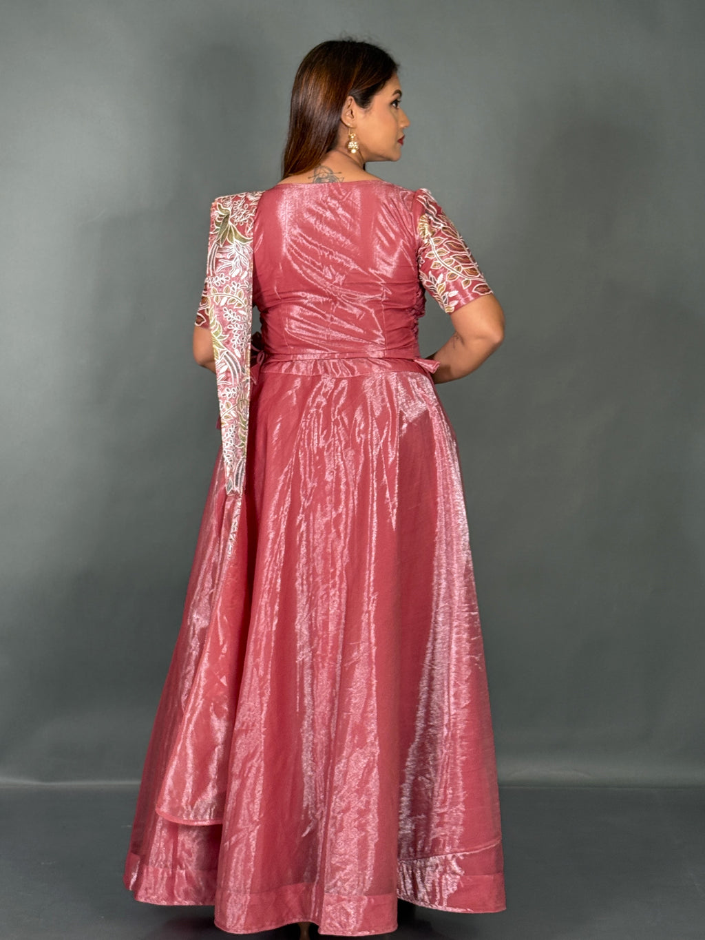 Elegant Onion Pink Tissue Organza Fusion Lehenga Set