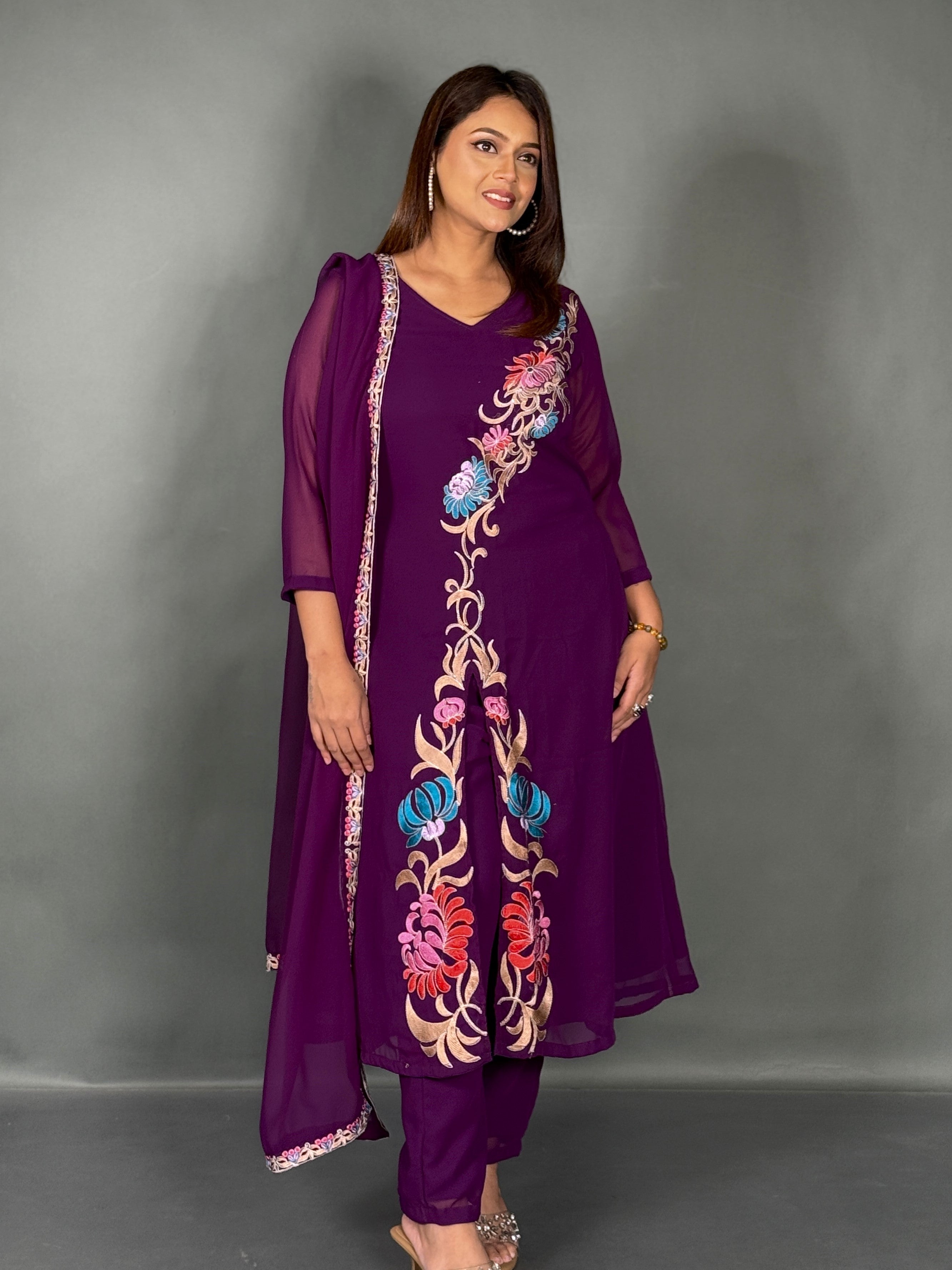 Wine Blossom Embroidered Georgette Party Co-Ord Set