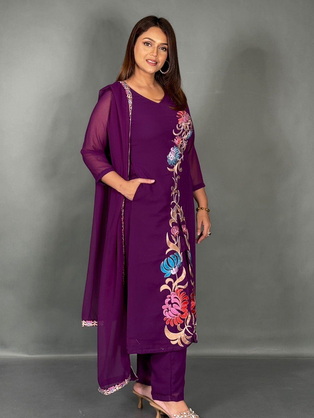 Wine Blossom Embroidered Georgette Party Co-Ord Set