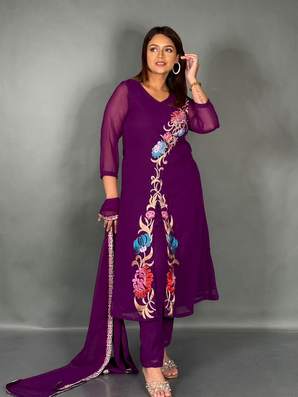 Wine Blossom Embroidered Georgette Party Co-Ord Set