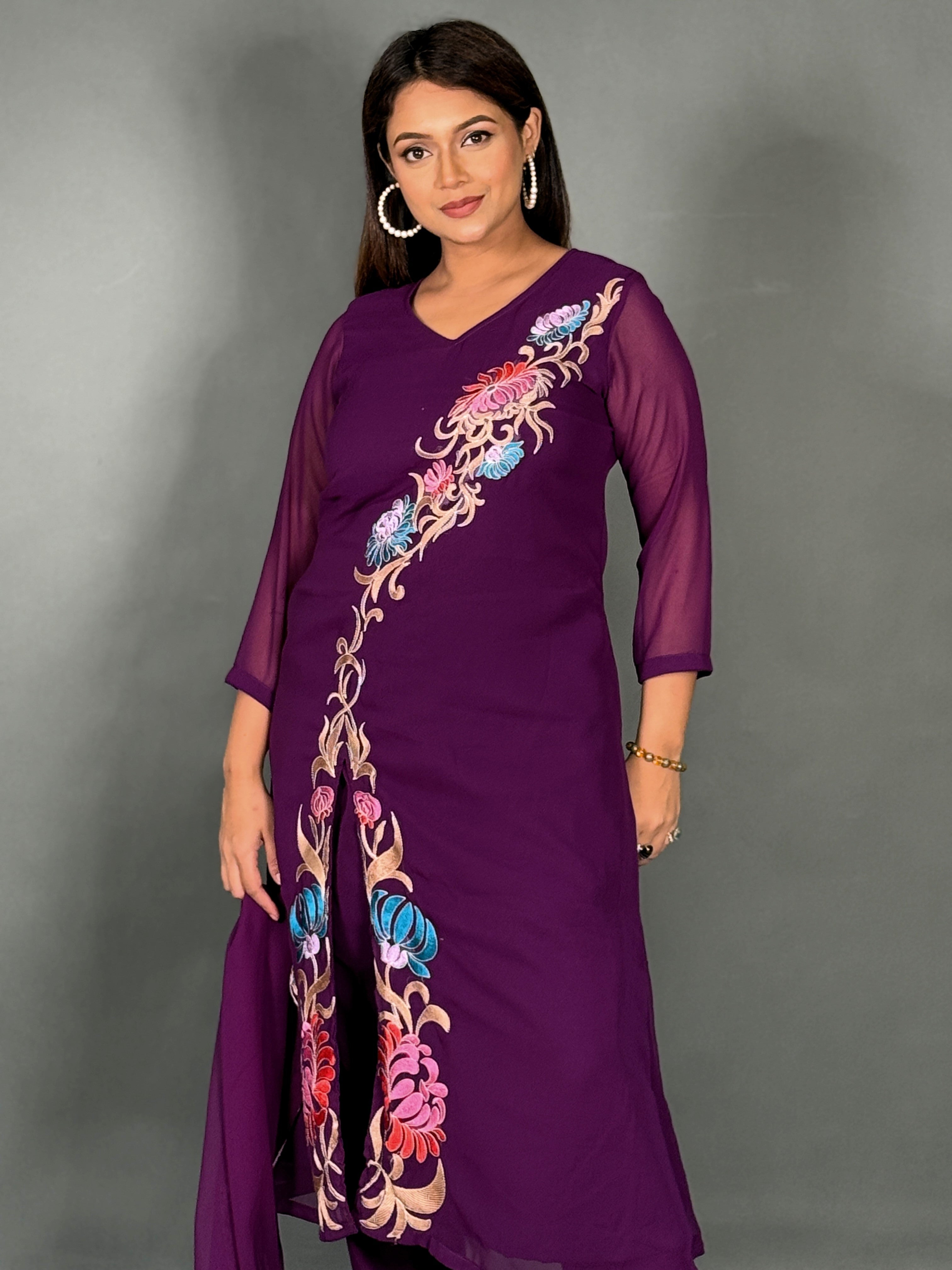 Wine Blossom Embroidered Georgette Party Co-Ord Set